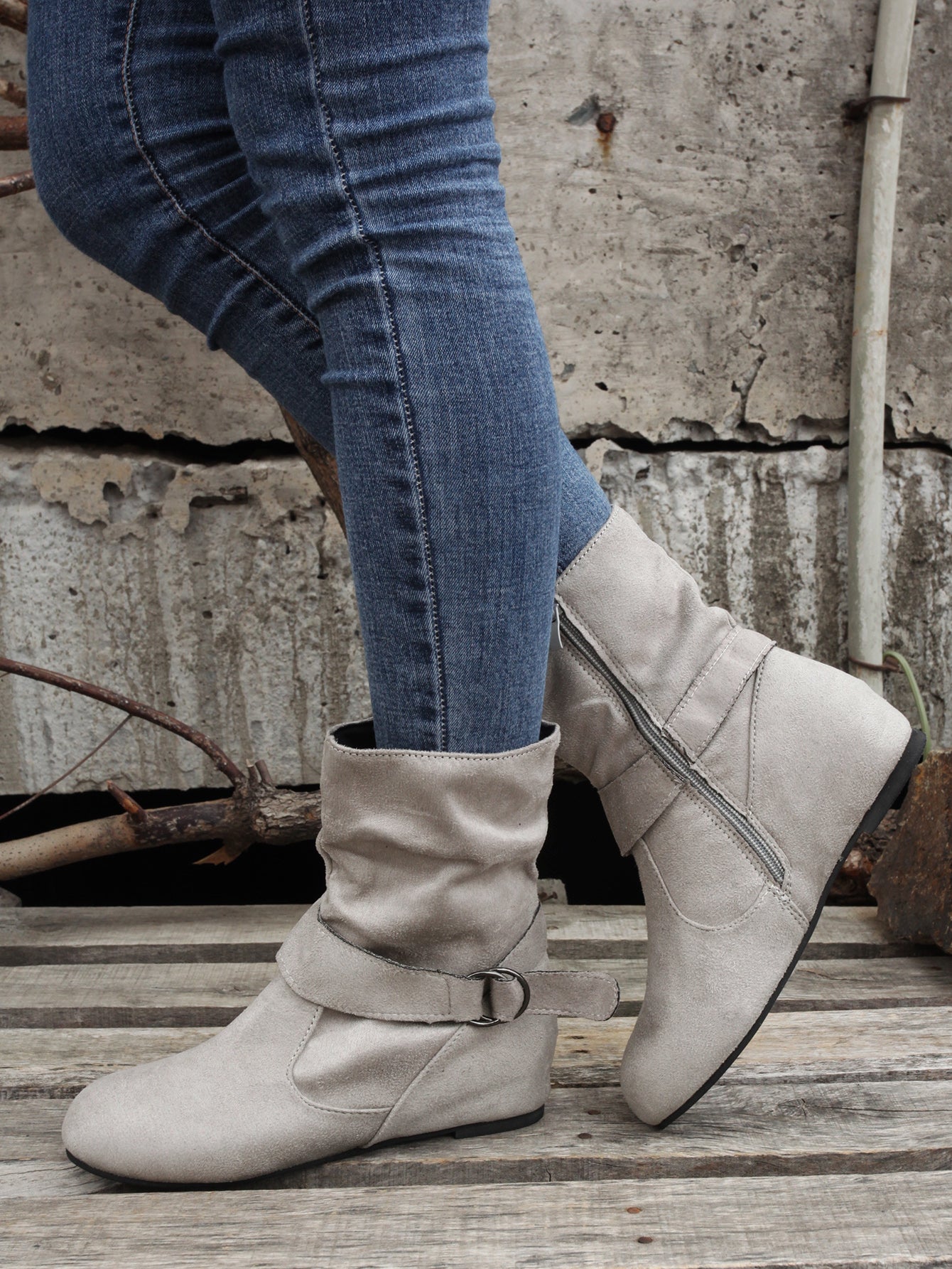 Ankle Boots Round Toe Buckle Belt Side Zipper Boots