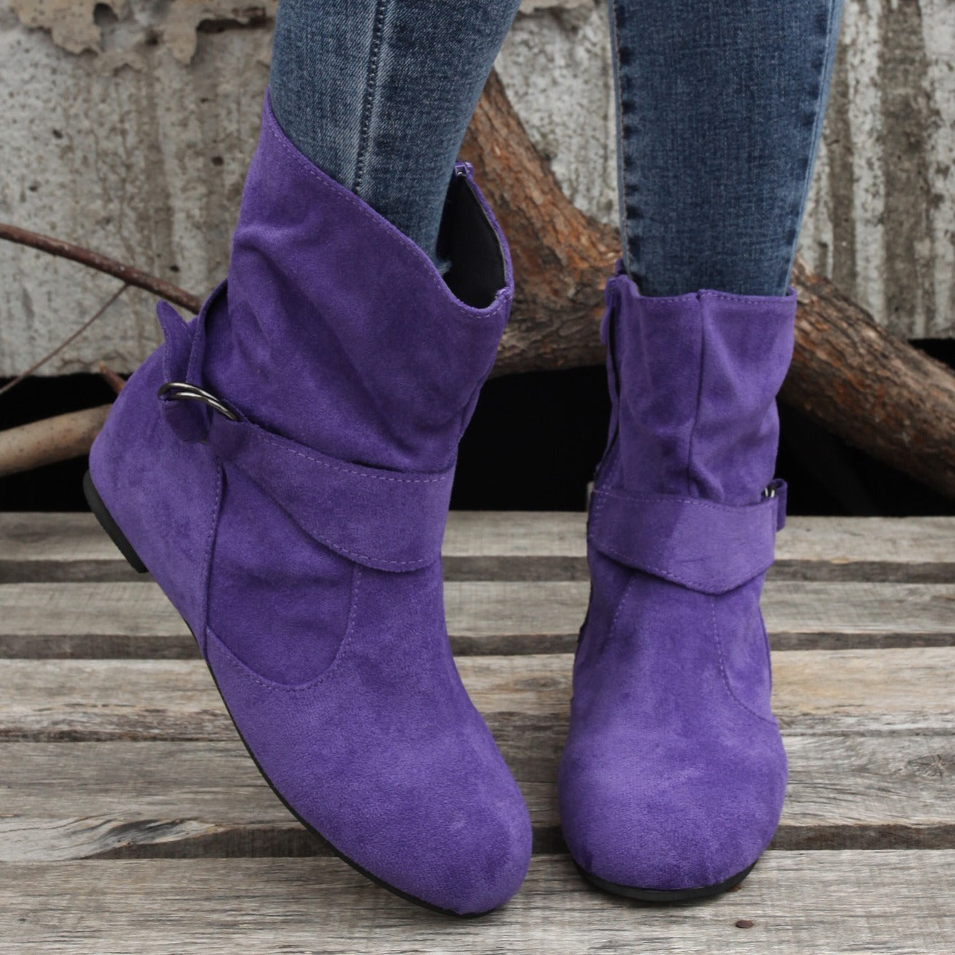 Ankle Boots Round Toe Buckle Belt Side Zipper Boots