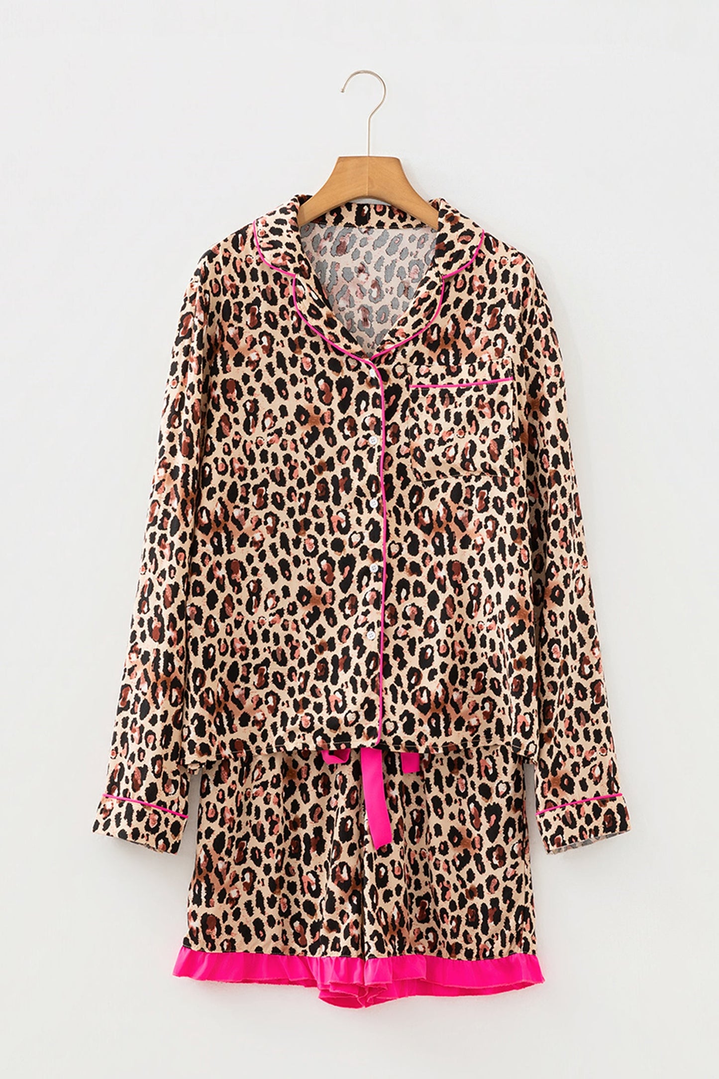 Leopard Contrast Trim Shirt and Ruffle Hem Short Set
