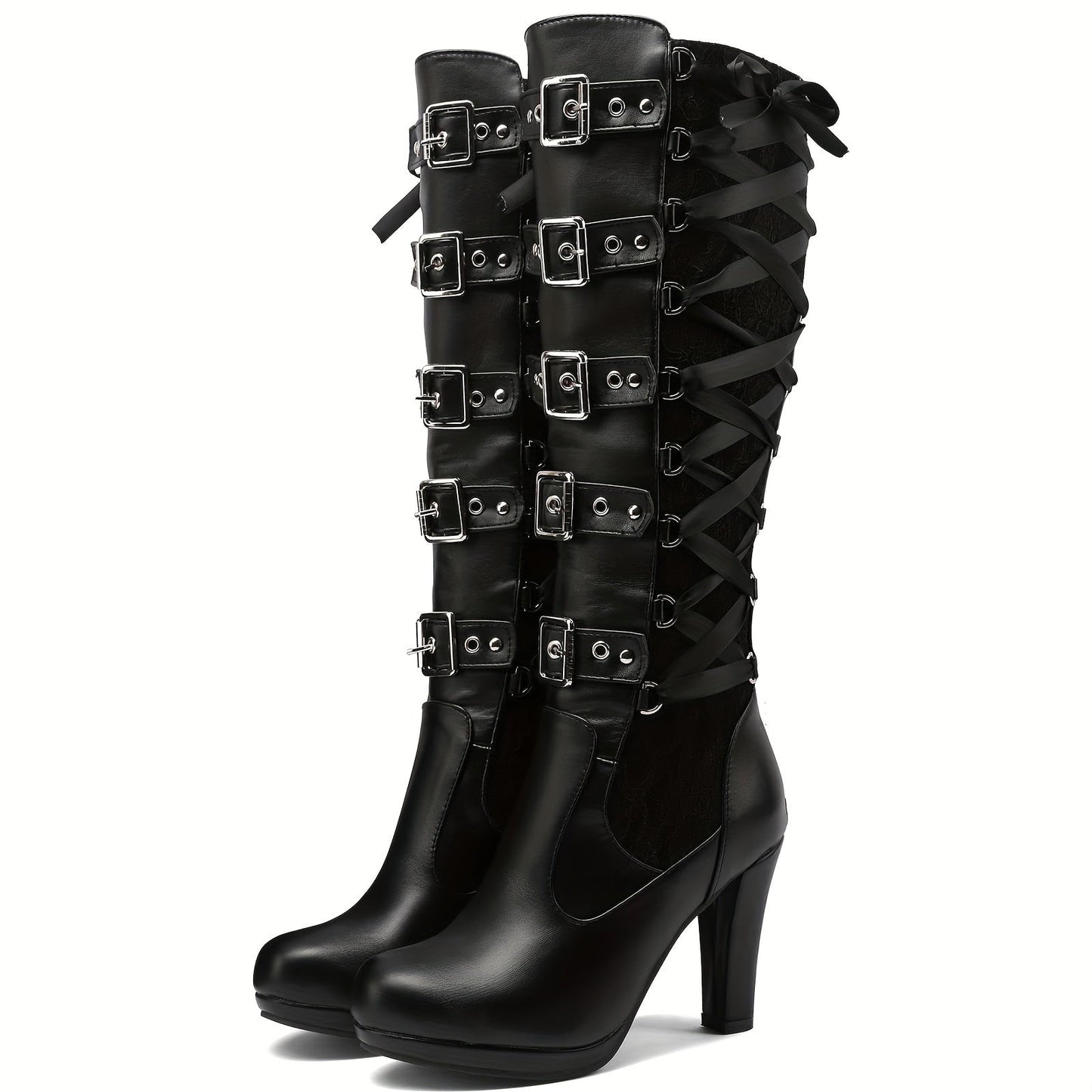 Platform Punk Tall Goth Buckled KneeHigh Boots
