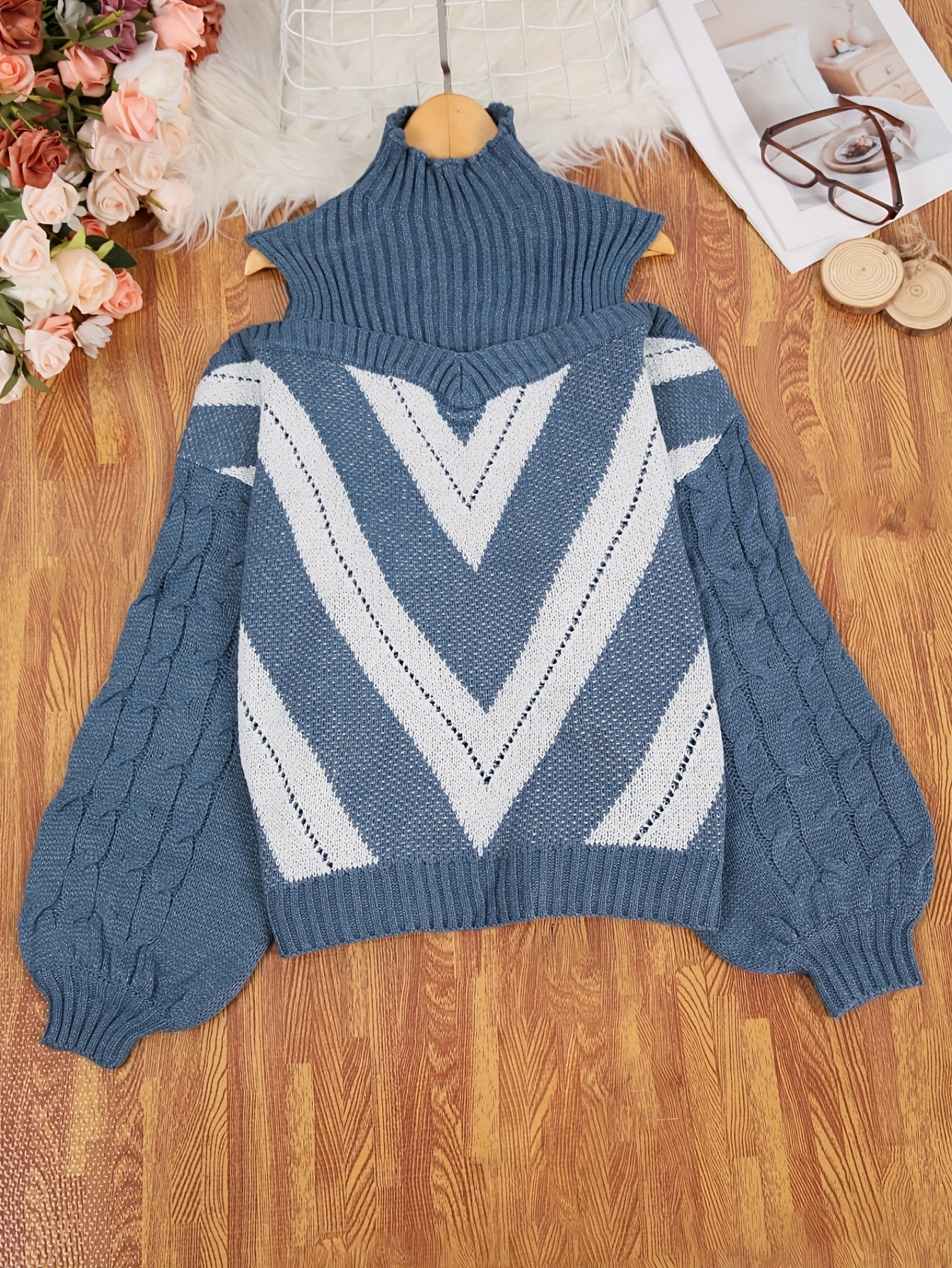 Elegant Plus Size Off Shoulder Striped Cable Knit Sweater