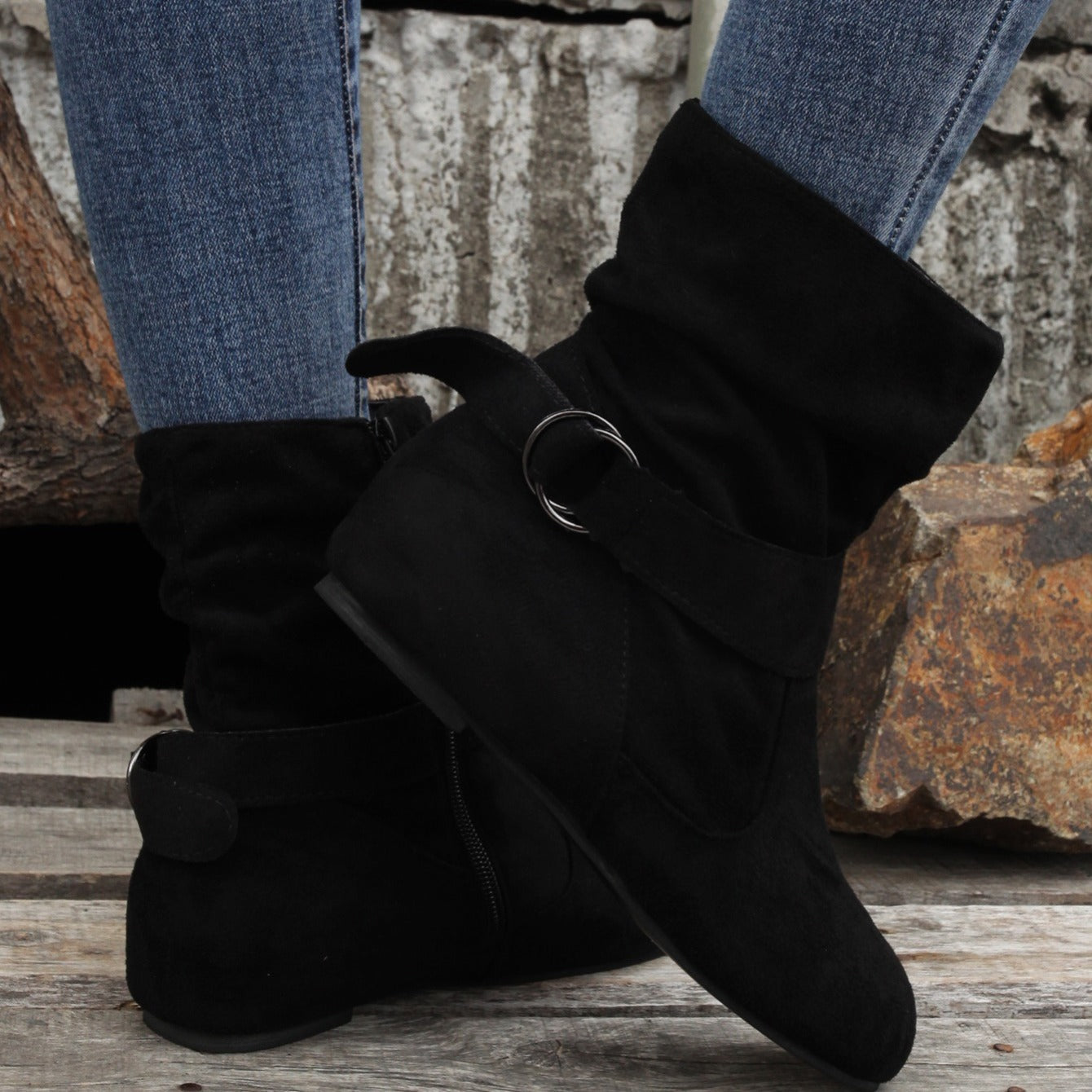 Ankle Boots Round Toe Buckle Belt Side Zipper Boots
