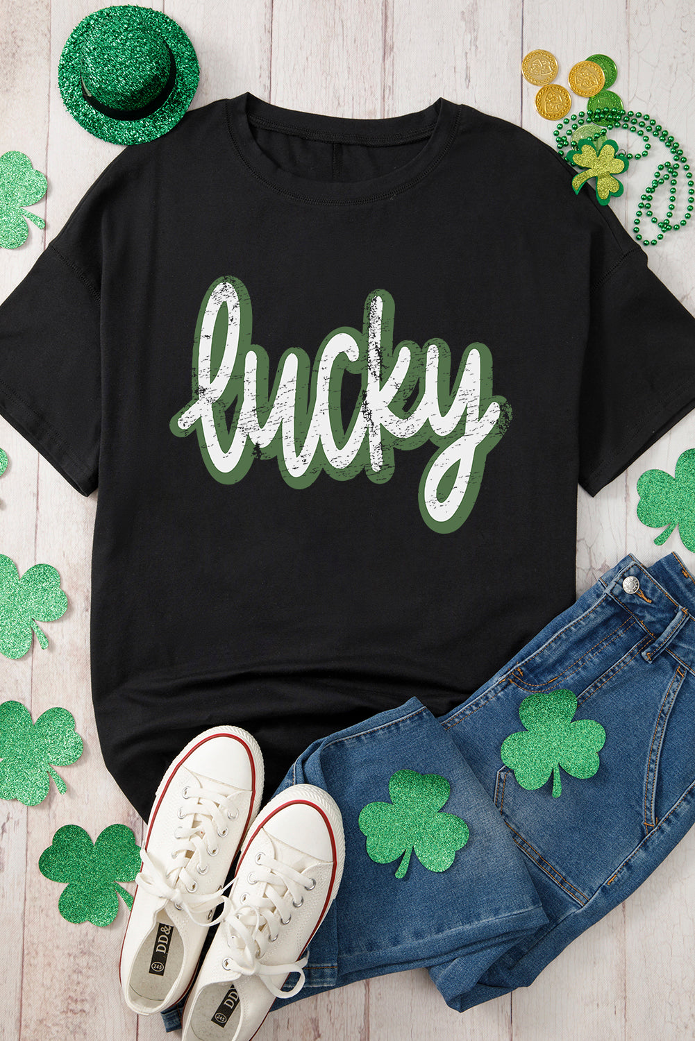 Black St Patrick's Day lucky Cracked Letter Graphic T Shirt
