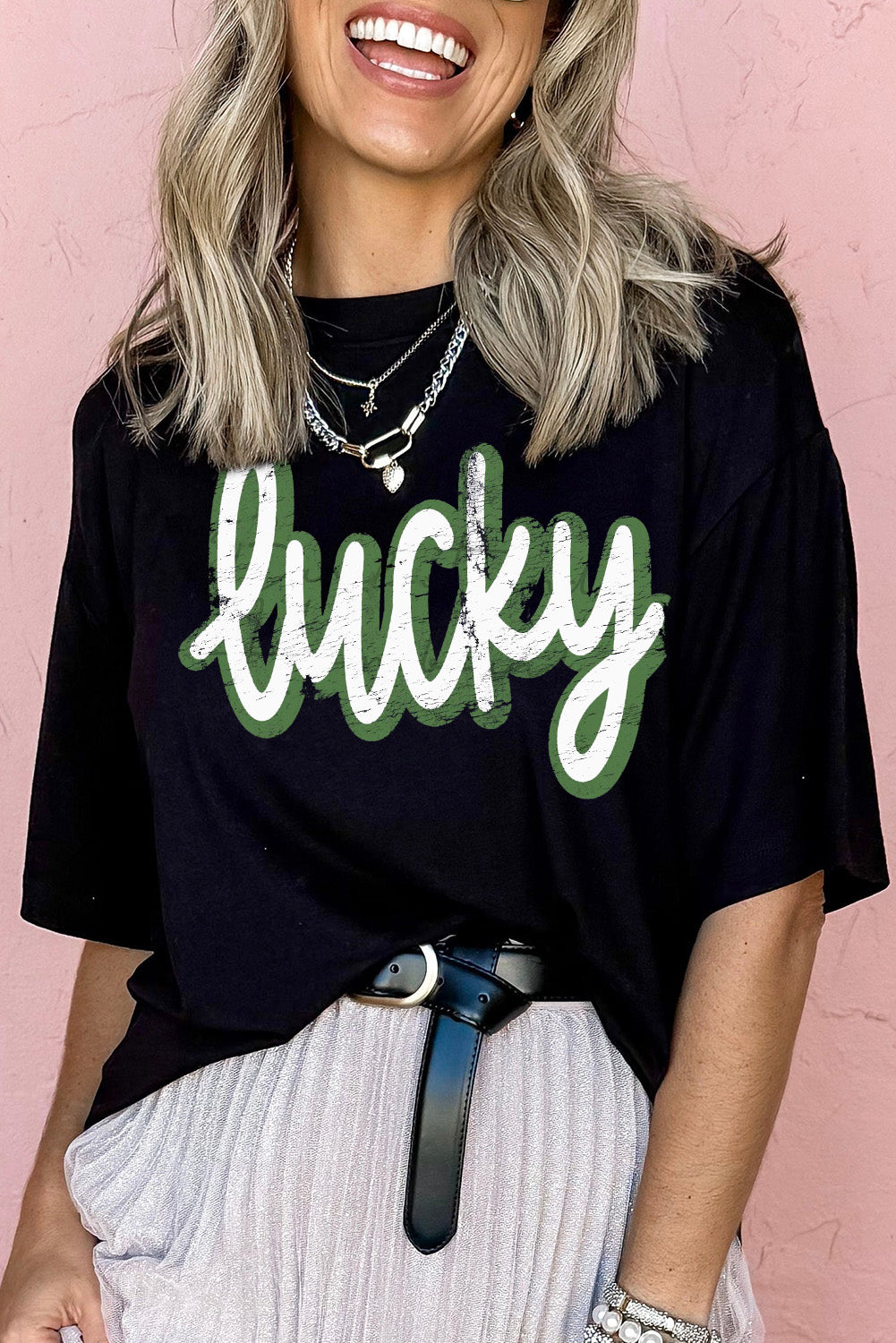 Black St Patrick's Day lucky Cracked Letter Graphic T Shirt
