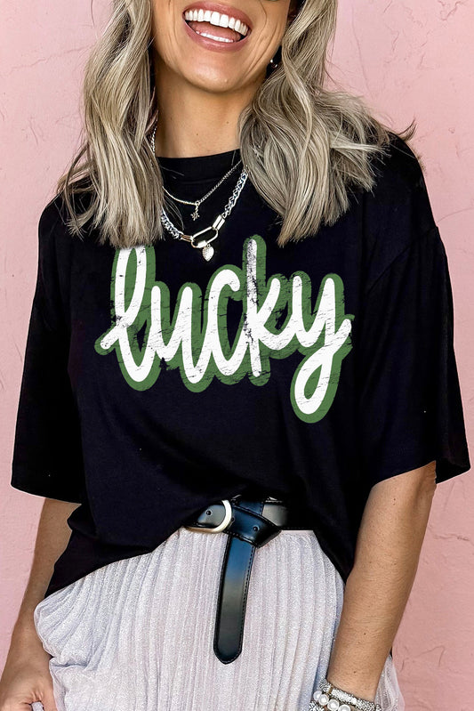 Black St Patrick's Day lucky Cracked Letter Graphic T Shirt