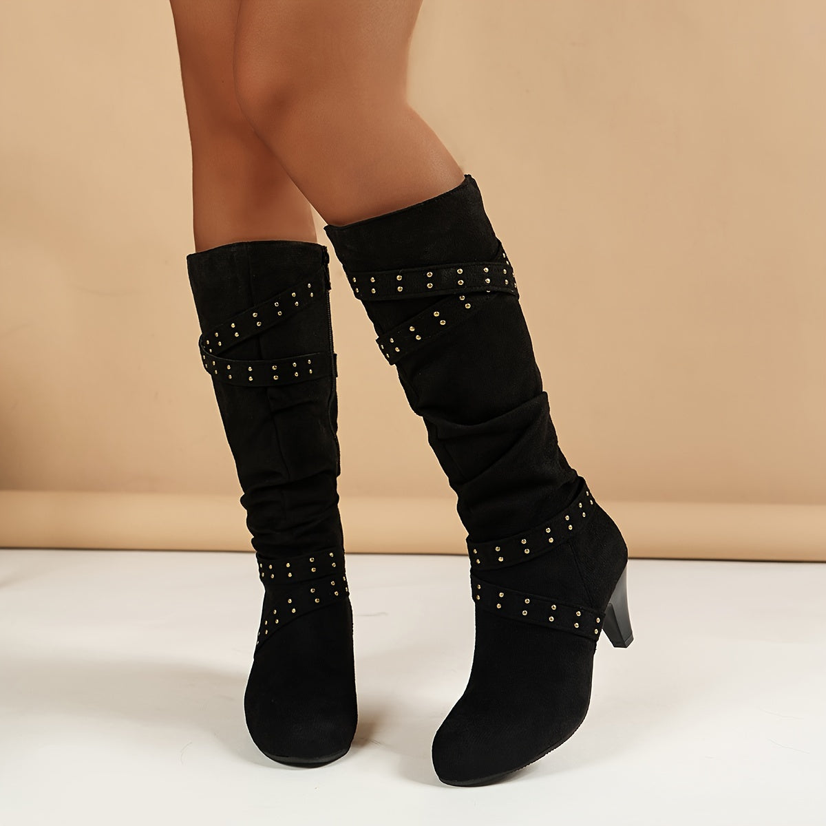Chic Embellished Block Heel Knee High Boots
