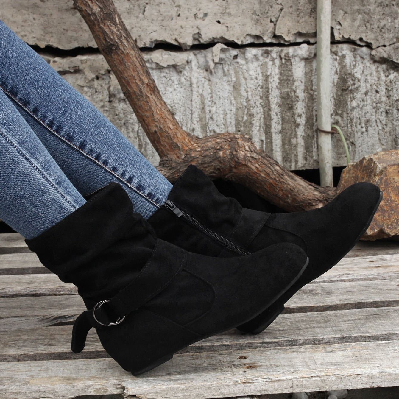 Ankle Boots Round Toe Buckle Belt Side Zipper Boots