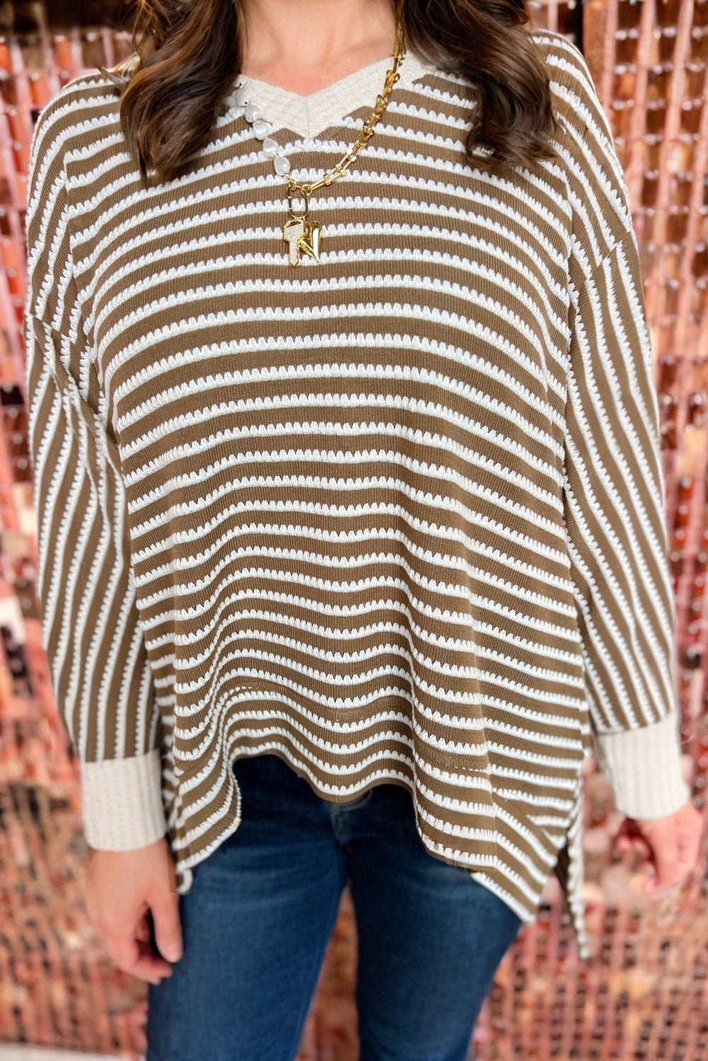 Plus Size Stripe Textured Dolman Sleeve Top