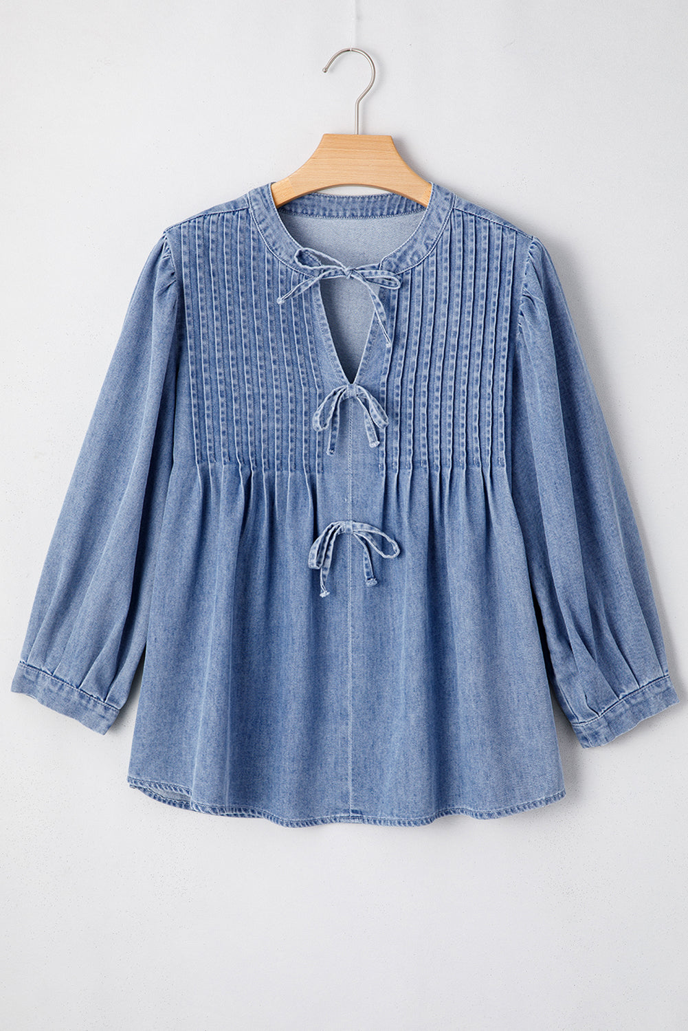 Solid Denim Pleated Bow Tie Puff Sleeve Top