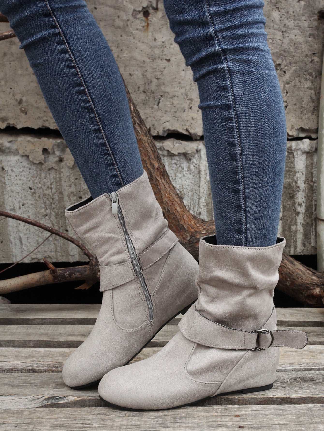 Ankle Boots Round Toe Buckle Belt Side Zipper Boots