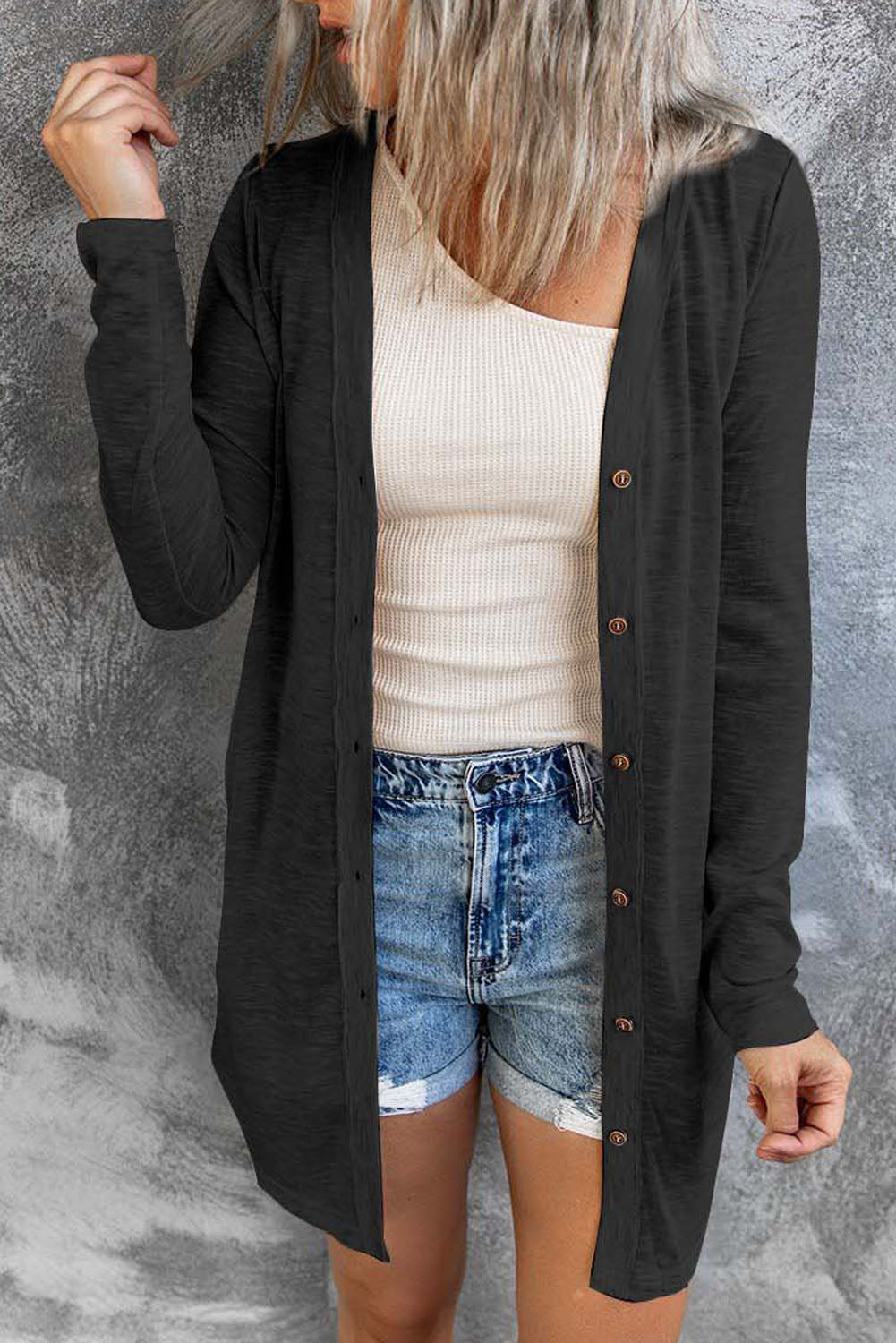 Solid Open-Front Buttoned Cardigan