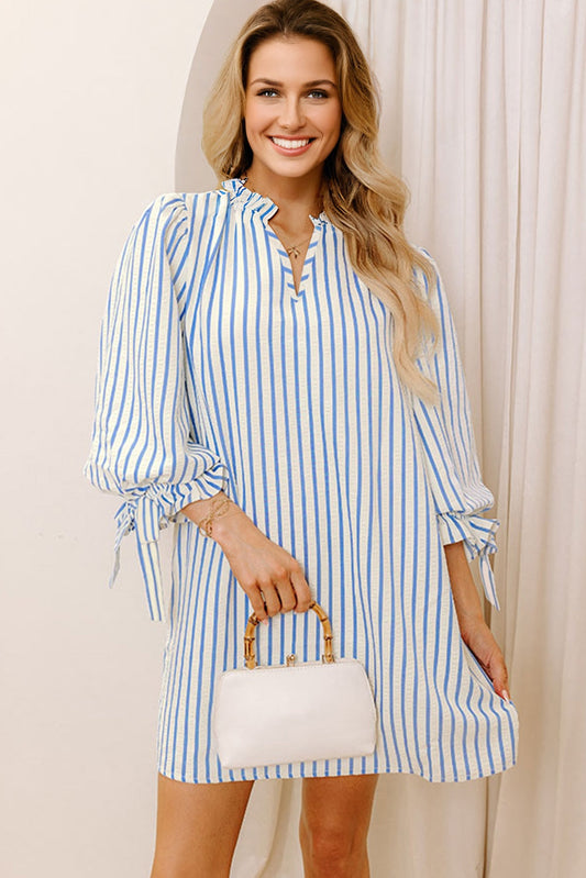 Stripe Knotted 3/4 Sleeve Notched Neck Mini Dress