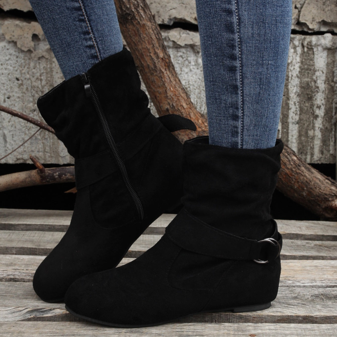 Ankle Boots Round Toe Buckle Belt Side Zipper Boots