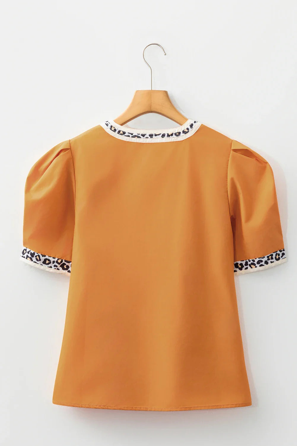 Leopard Contrast Trim Split Neck Puff Sleeve Blouse