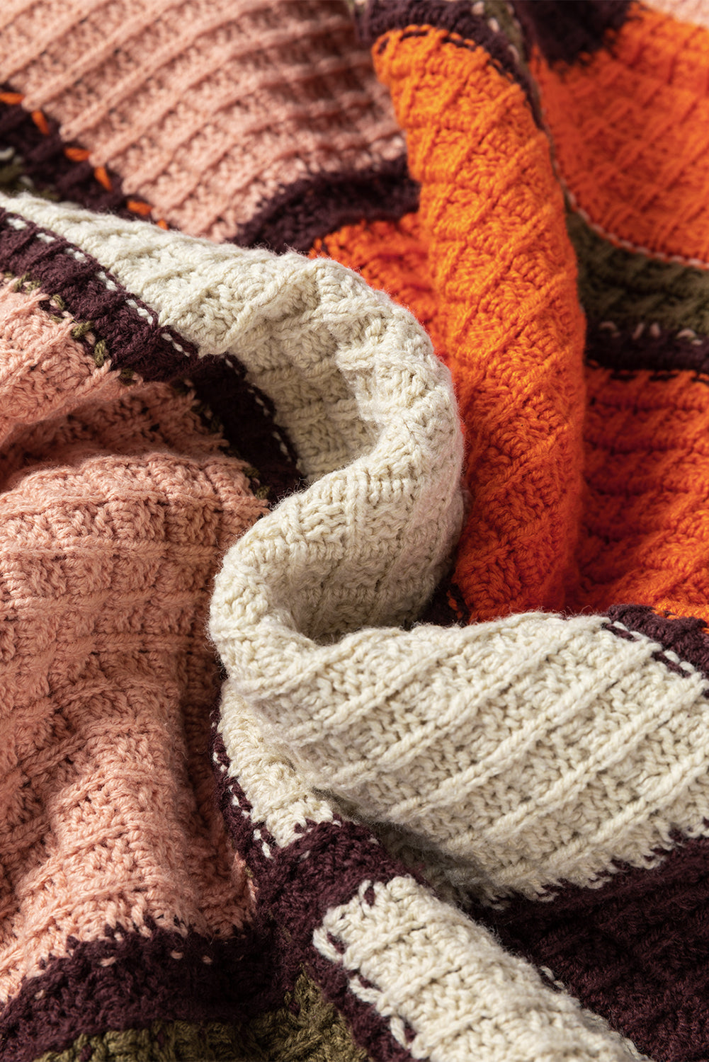 Colorblock Waffle Knit Drawstring Mock Neck Sweater