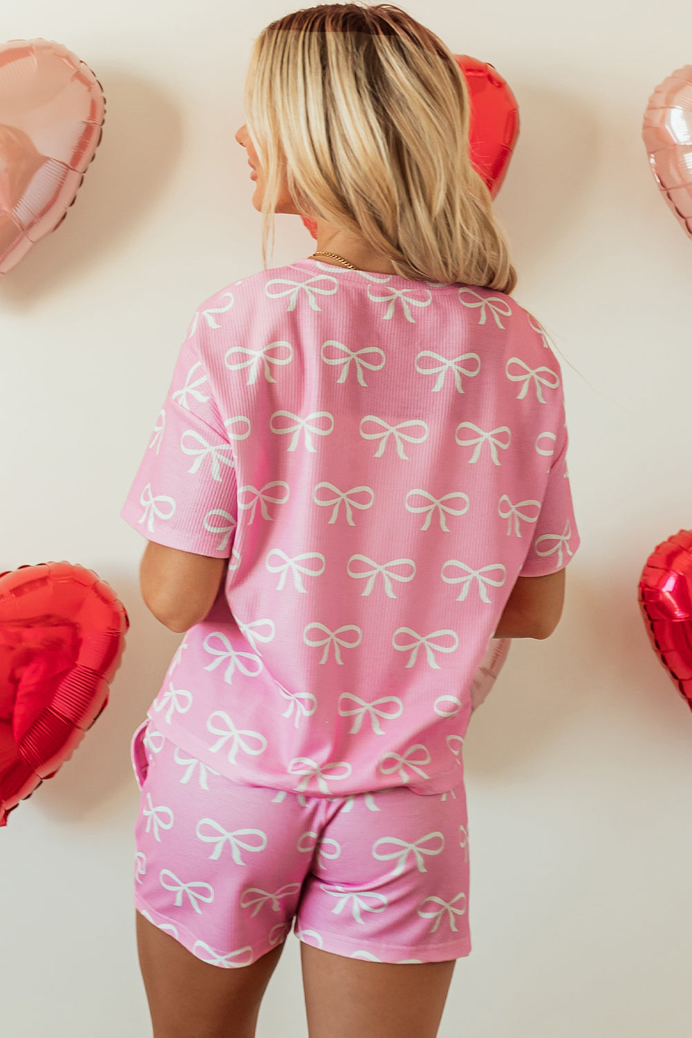 Valentine Bow Waffle Knit T-Shirt and Shorts Set