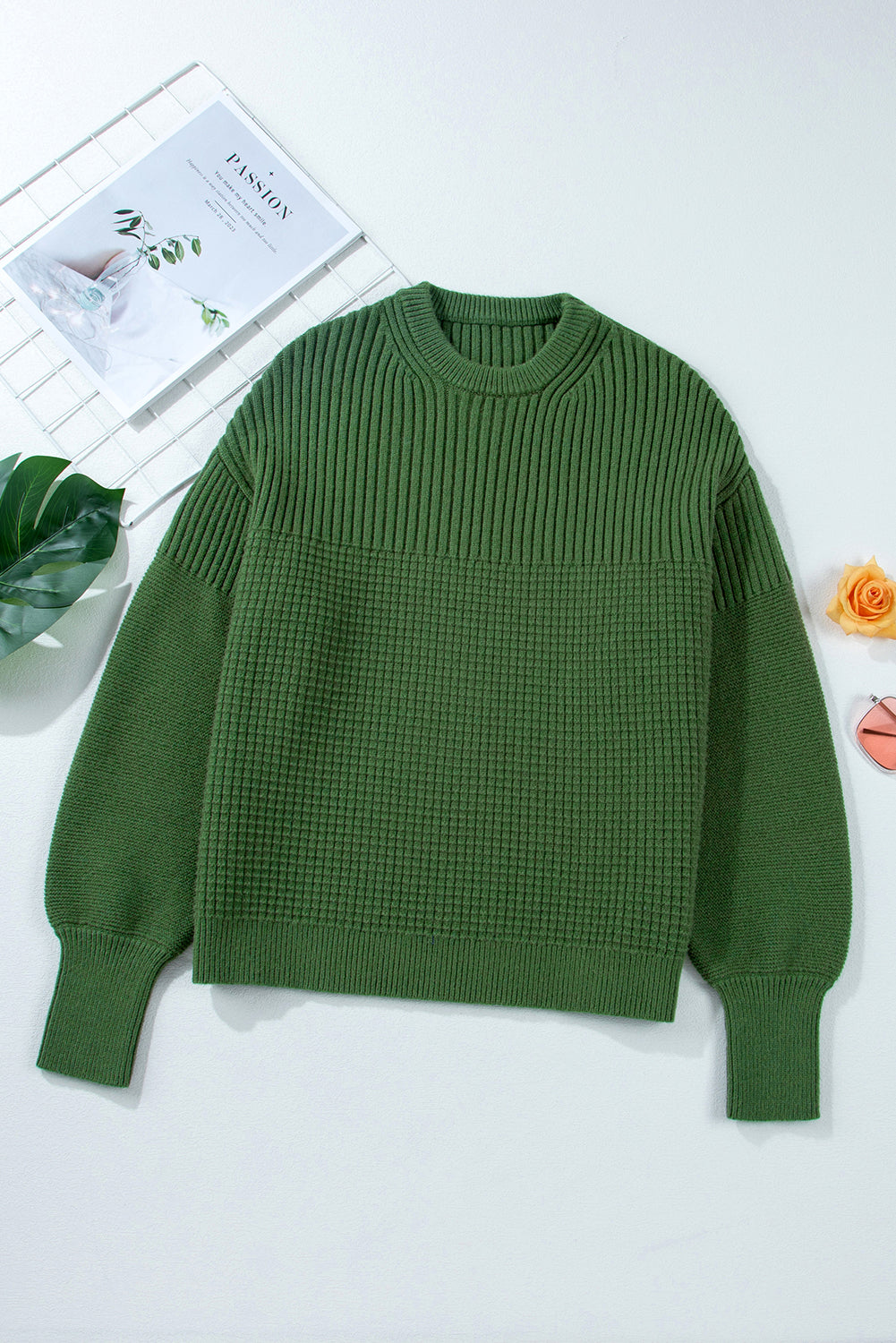 Solid Textured Knit Crewneck Sweater