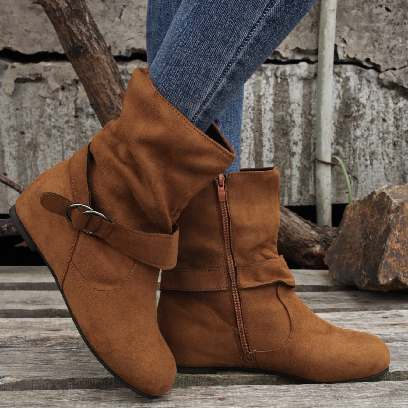 Ankle Boots Round Toe Buckle Belt Side Zipper Boots