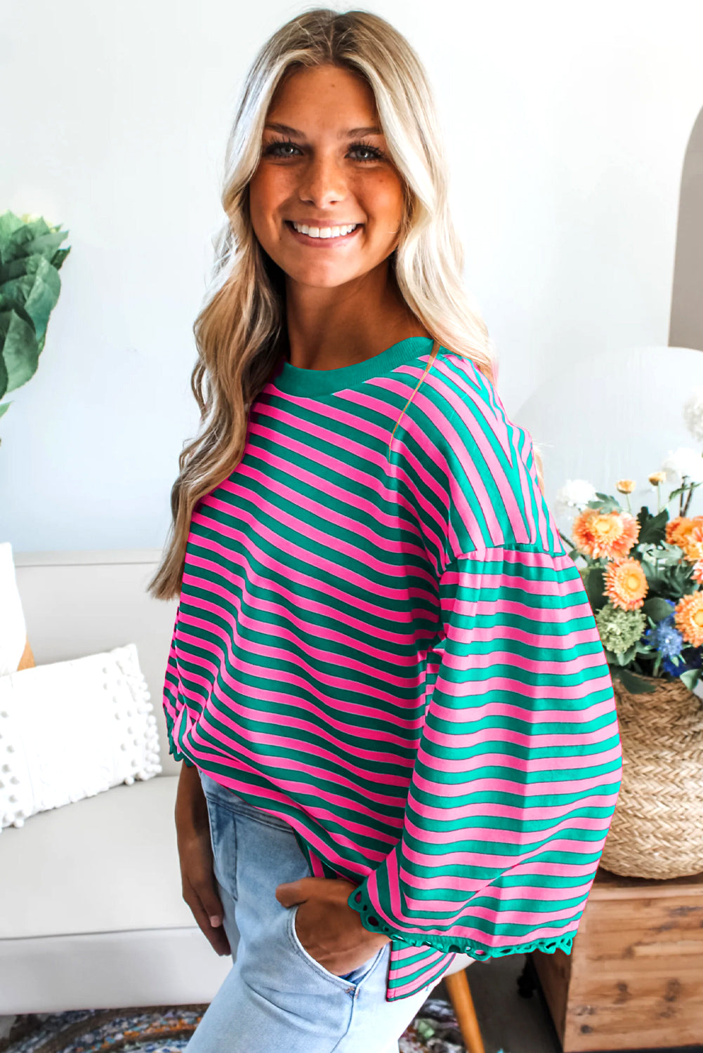 Stripe Lace Trim 3/4 Sleeve Top