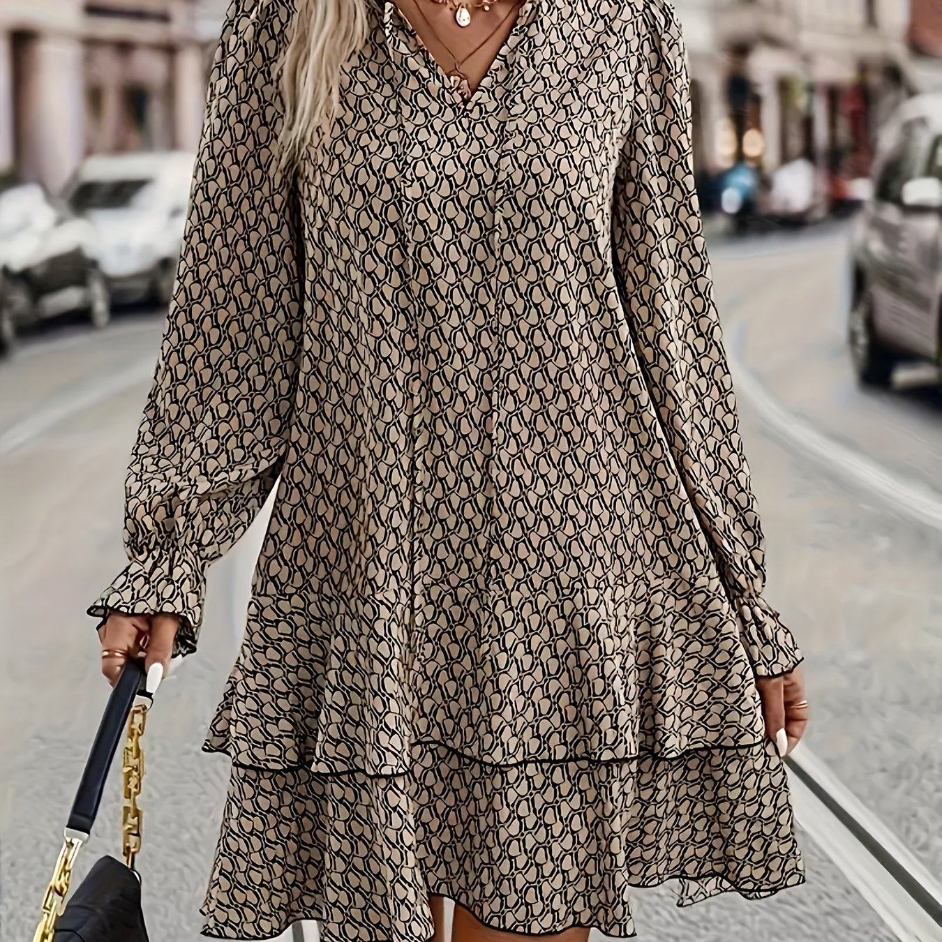 Elegant Plus Size V-Neck Ruffle Sleeve Mini Dress