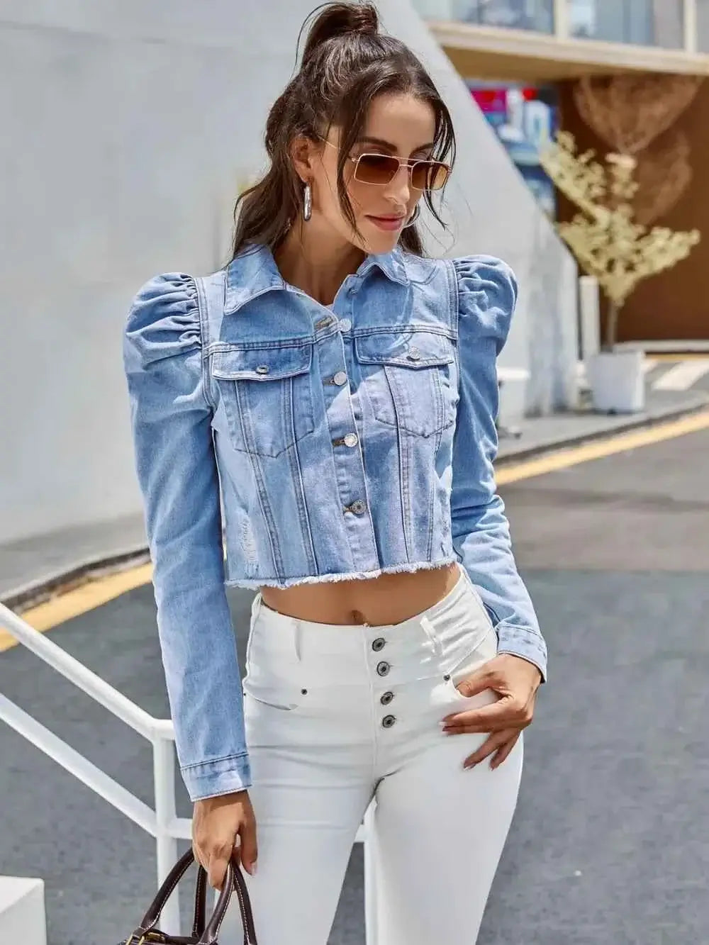 Button Down Raw Hem Cropped Denim Jacket