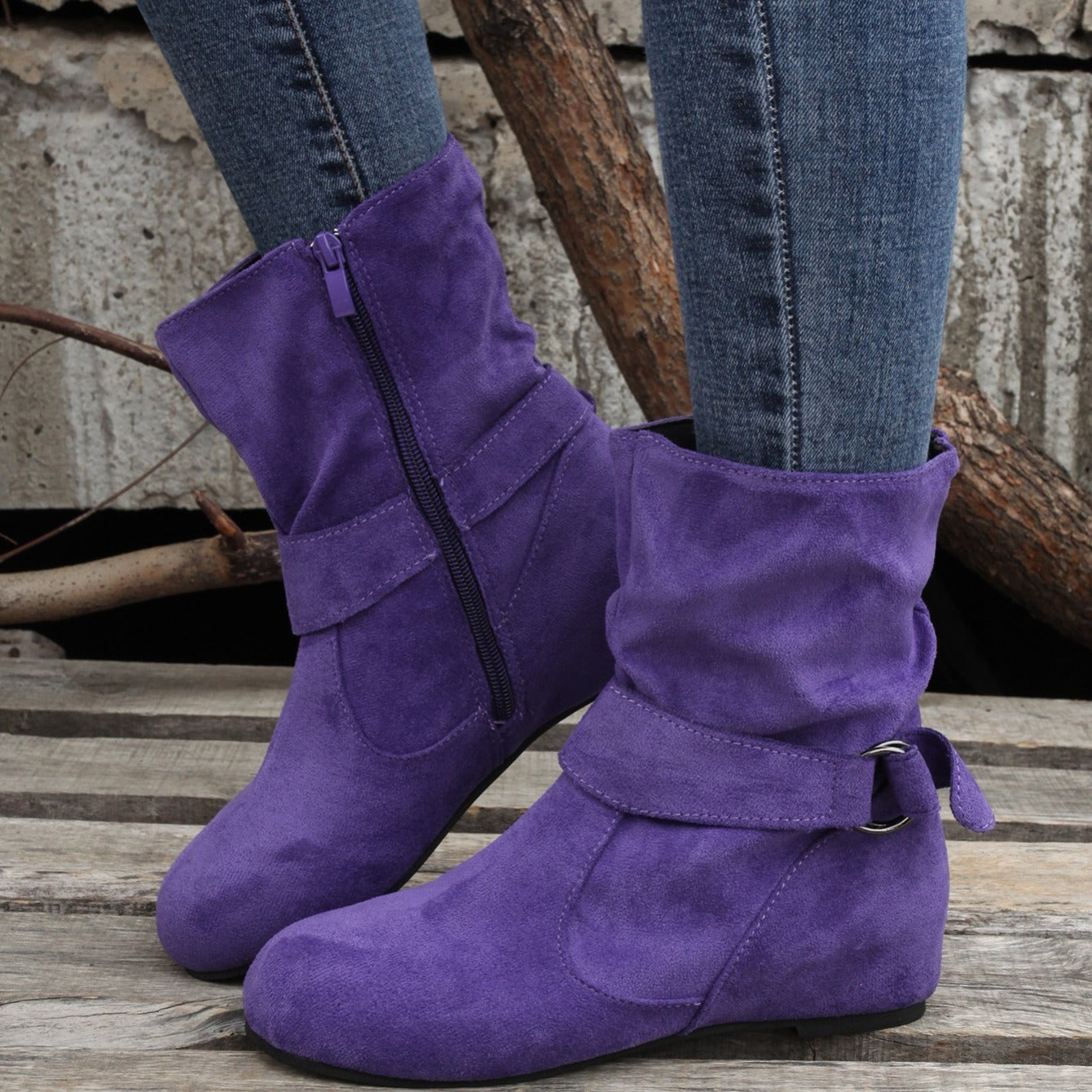 Ankle Boots Round Toe Buckle Belt Side Zipper Boots