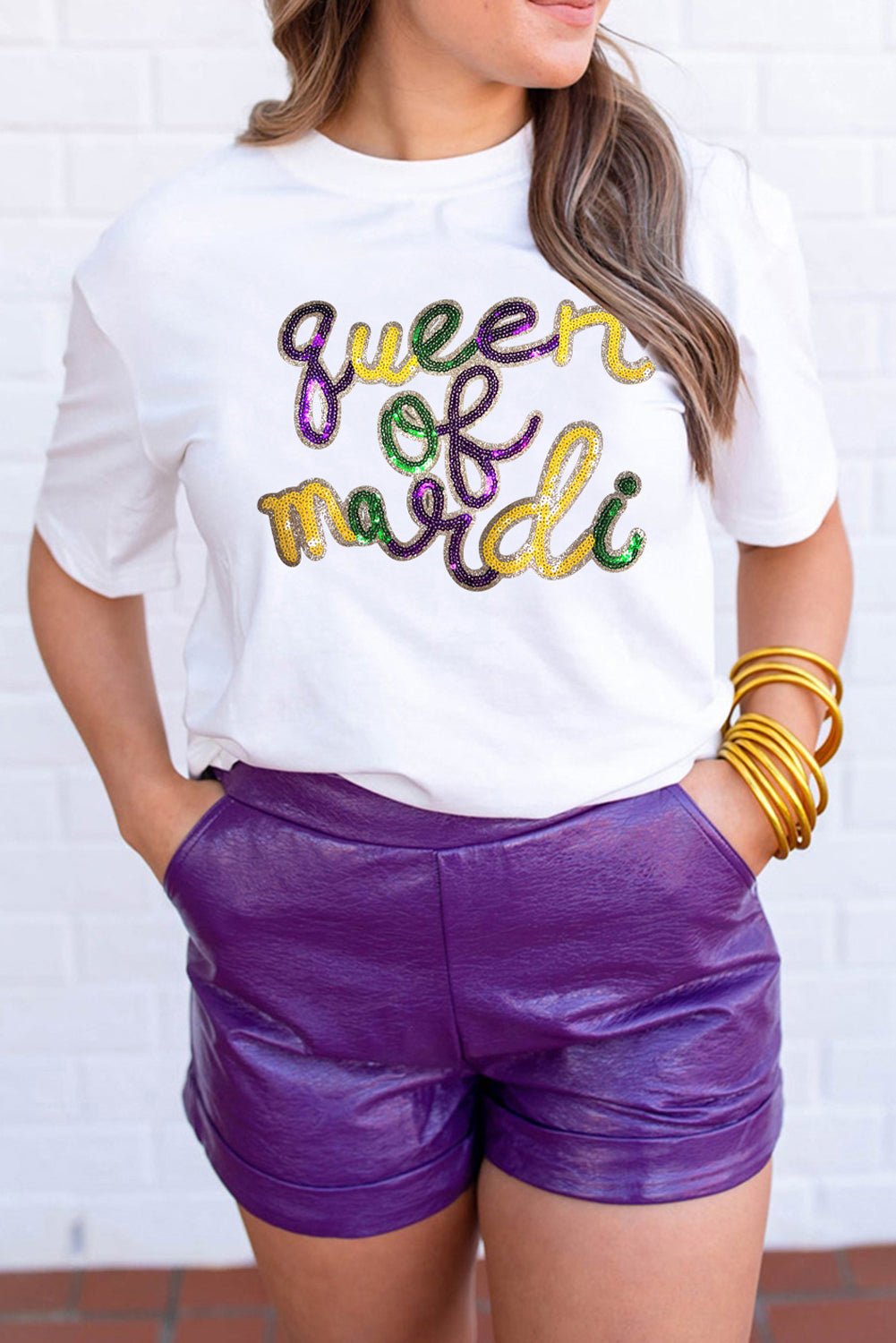 White queen of Mardi Sequin Letter Graphic T Shirt