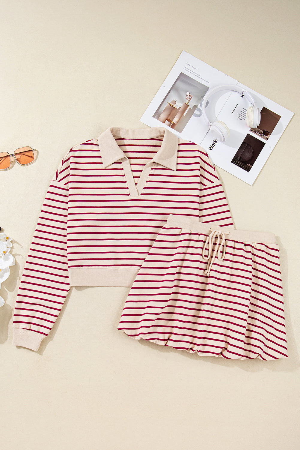 Stripe Cropped Pullover and Bubble Mini Skirt Set