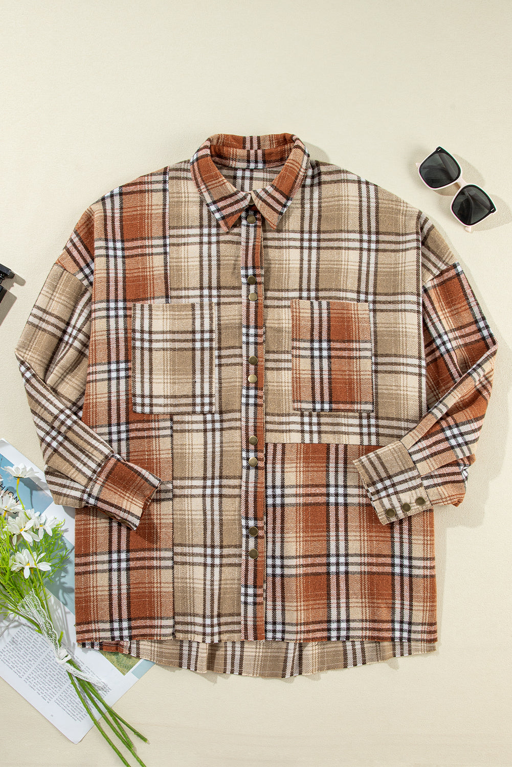 Plaid Colorblock Patchwork Snap Buttoned Shacket