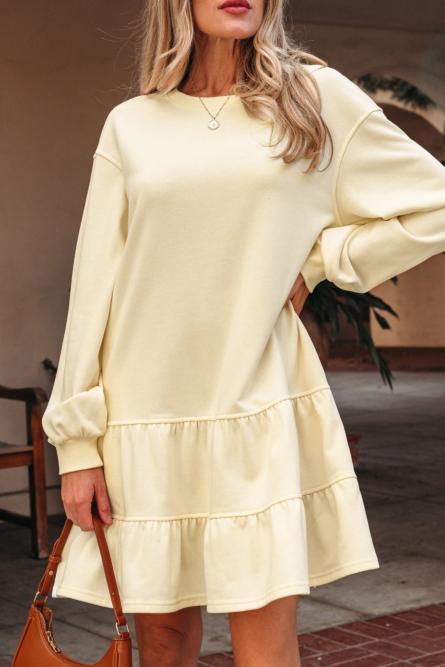 Solid Tiered Ruffle Hem Long Sleeve Dress