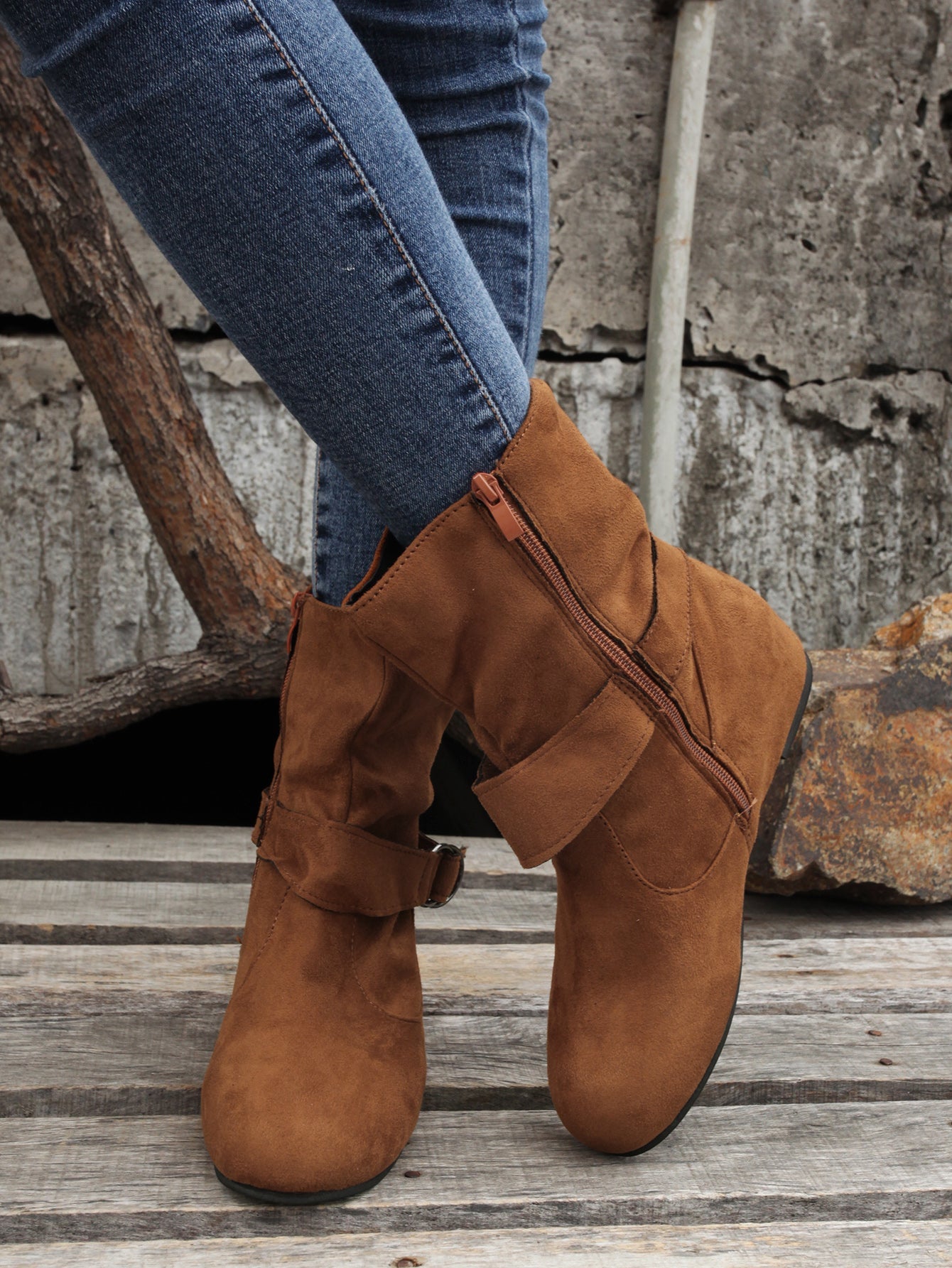 Ankle Boots Round Toe Buckle Belt Side Zipper Boots