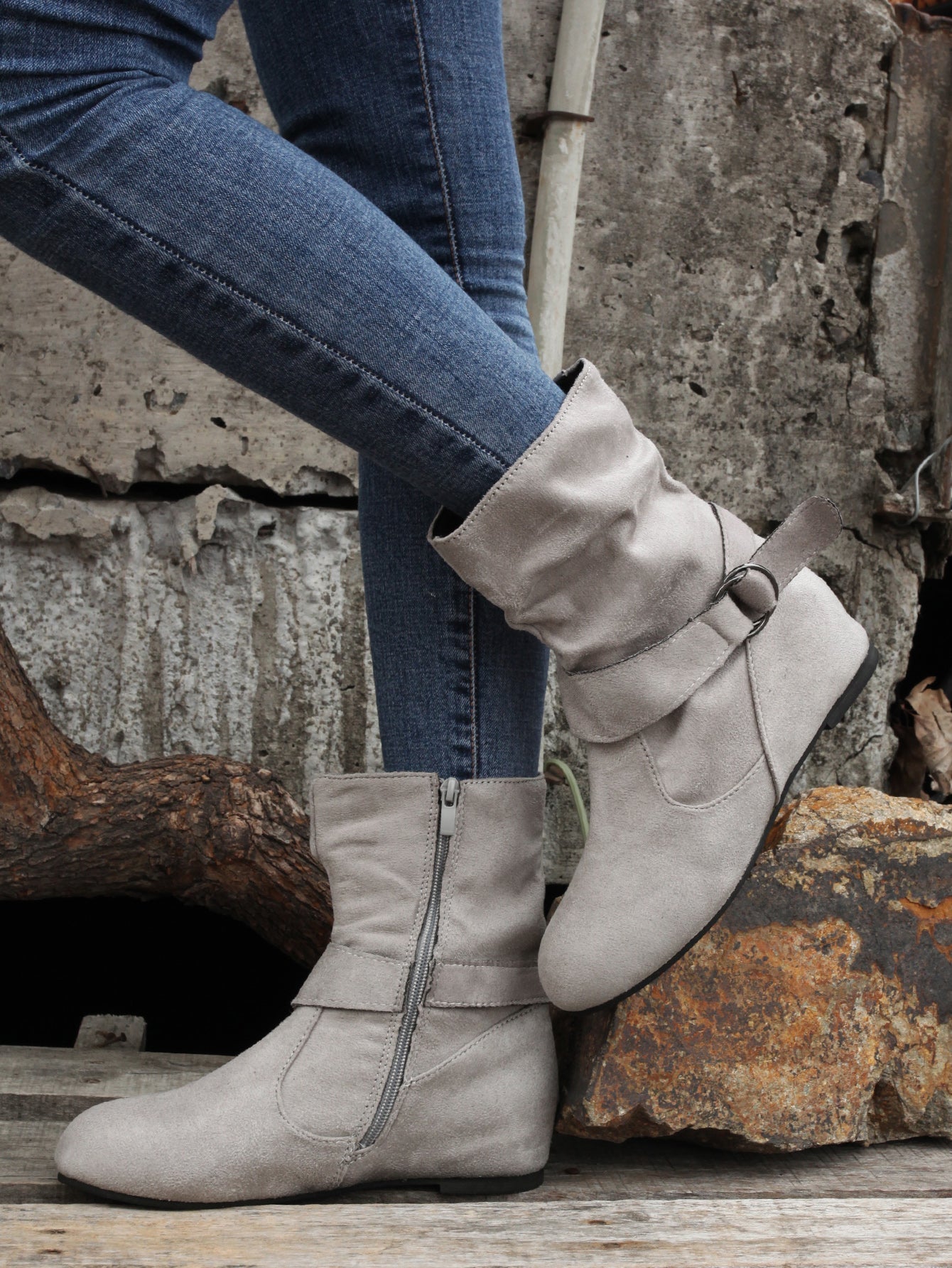 Ankle Boots Round Toe Buckle Belt Side Zipper Boots