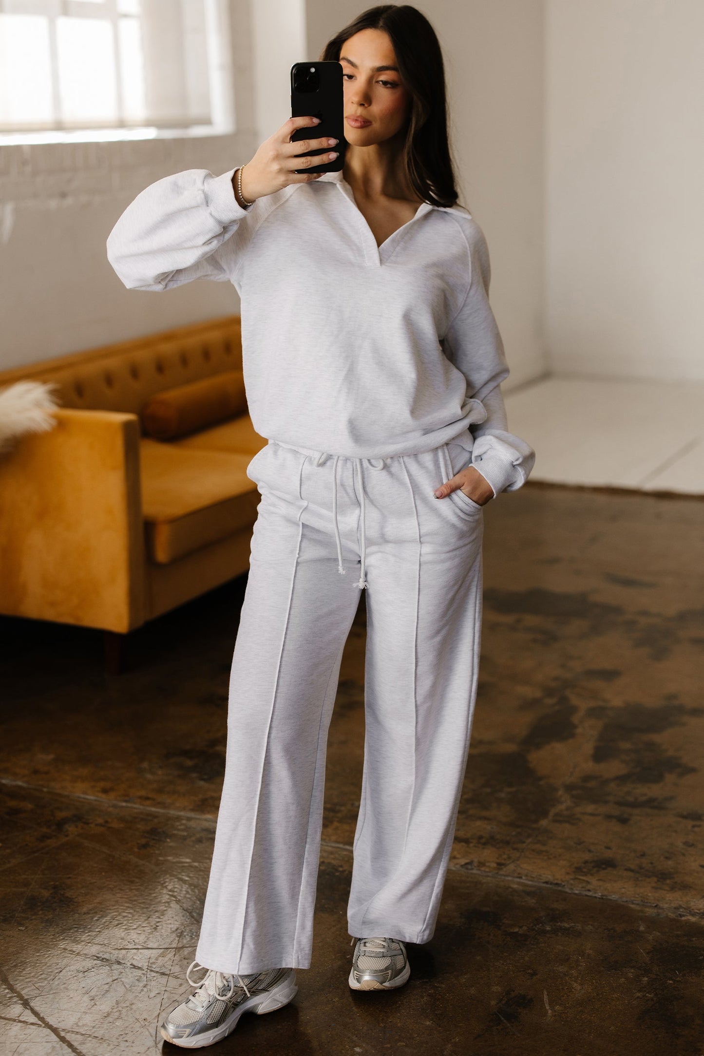 Solid V-Neck Pullover and Drawstring Sweatpants Set
