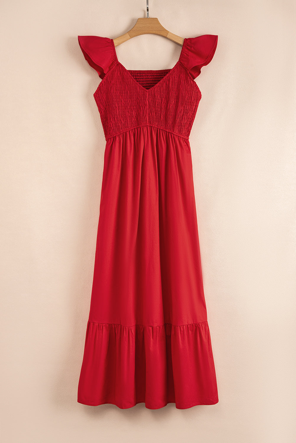 Solid V-Neck Flutter Sleeve Ruffle Maxi Dress