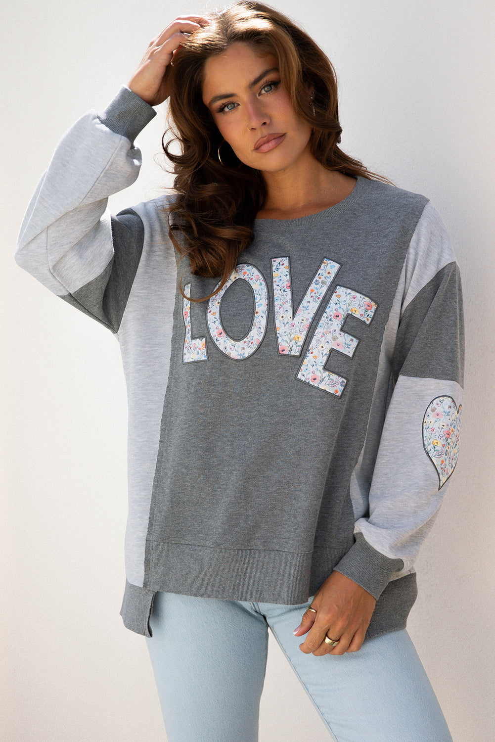 Floral LOVE Reverse Seam Patchwork Long Sleeve Sweatshirt