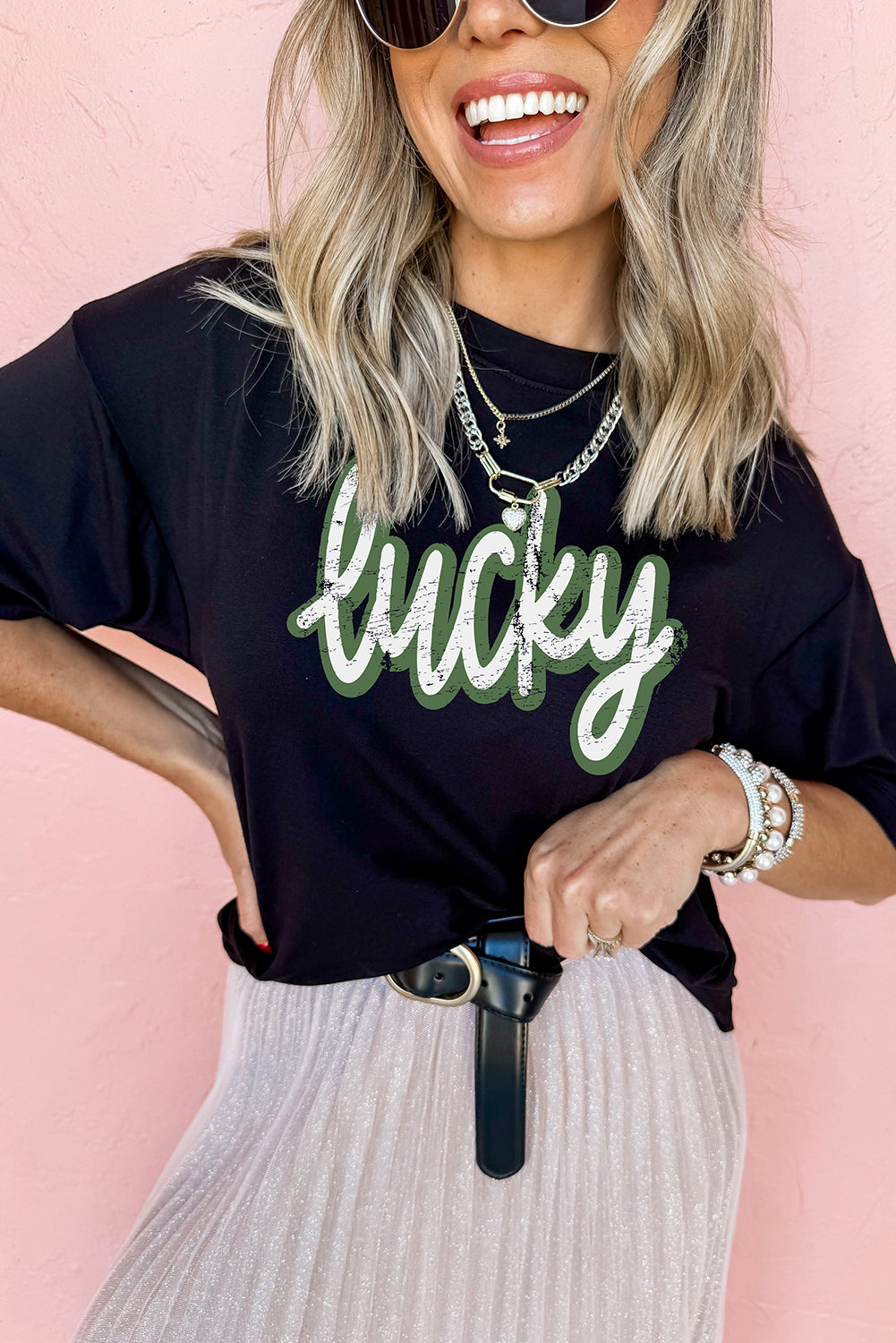 Black St Patrick's Day lucky Cracked Letter Graphic T Shirt