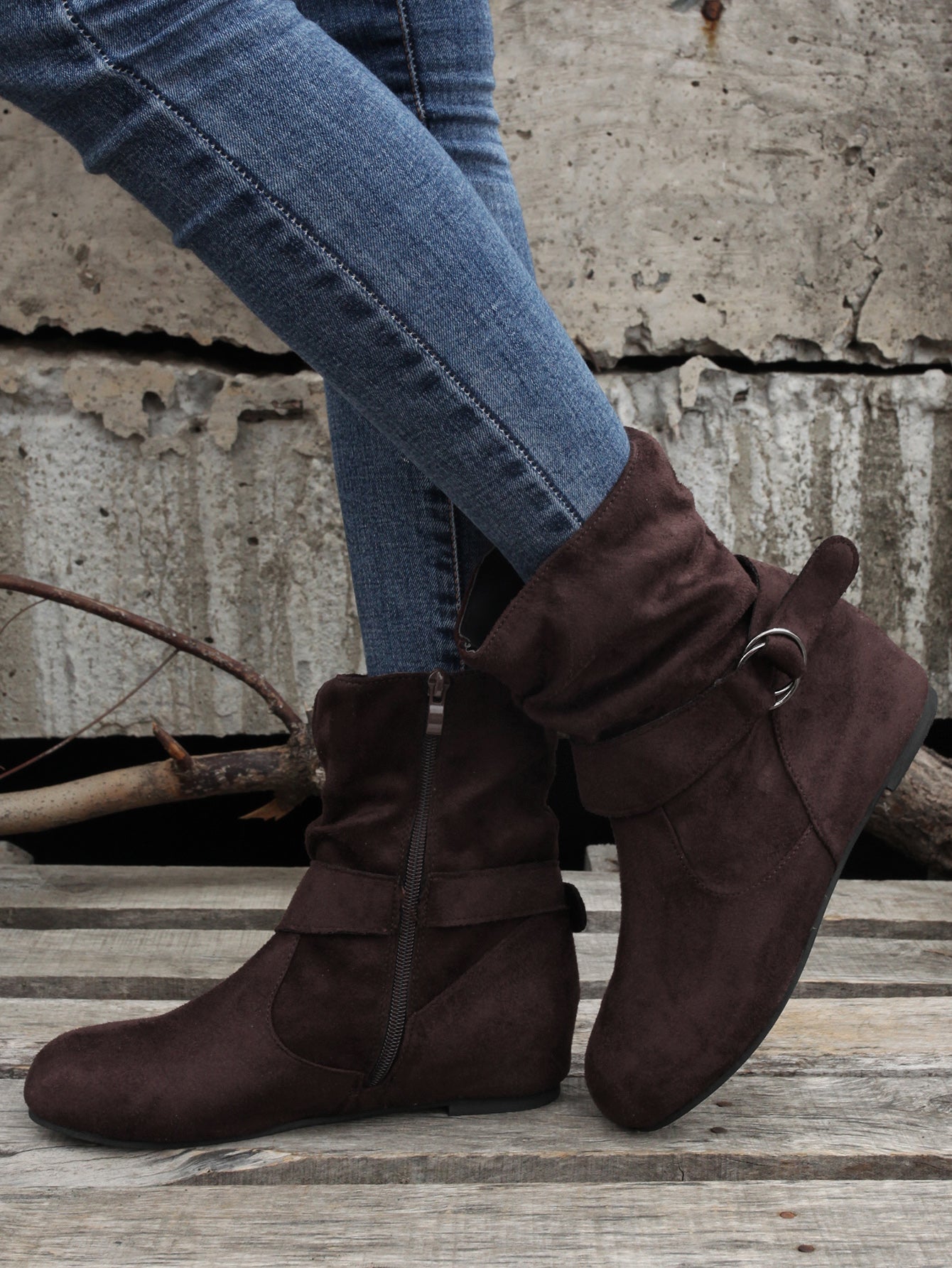 Ankle Boots Round Toe Buckle Belt Side Zipper Boots