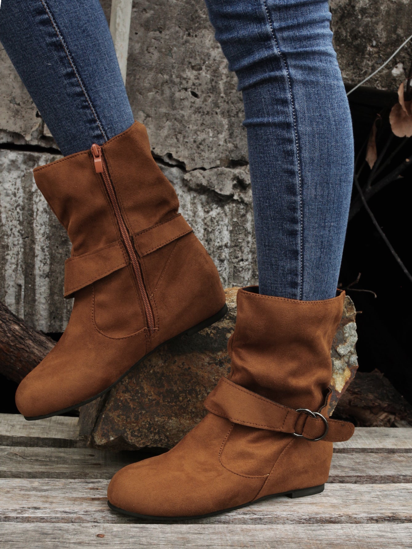 Ankle Boots Round Toe Buckle Belt Side Zipper Boots