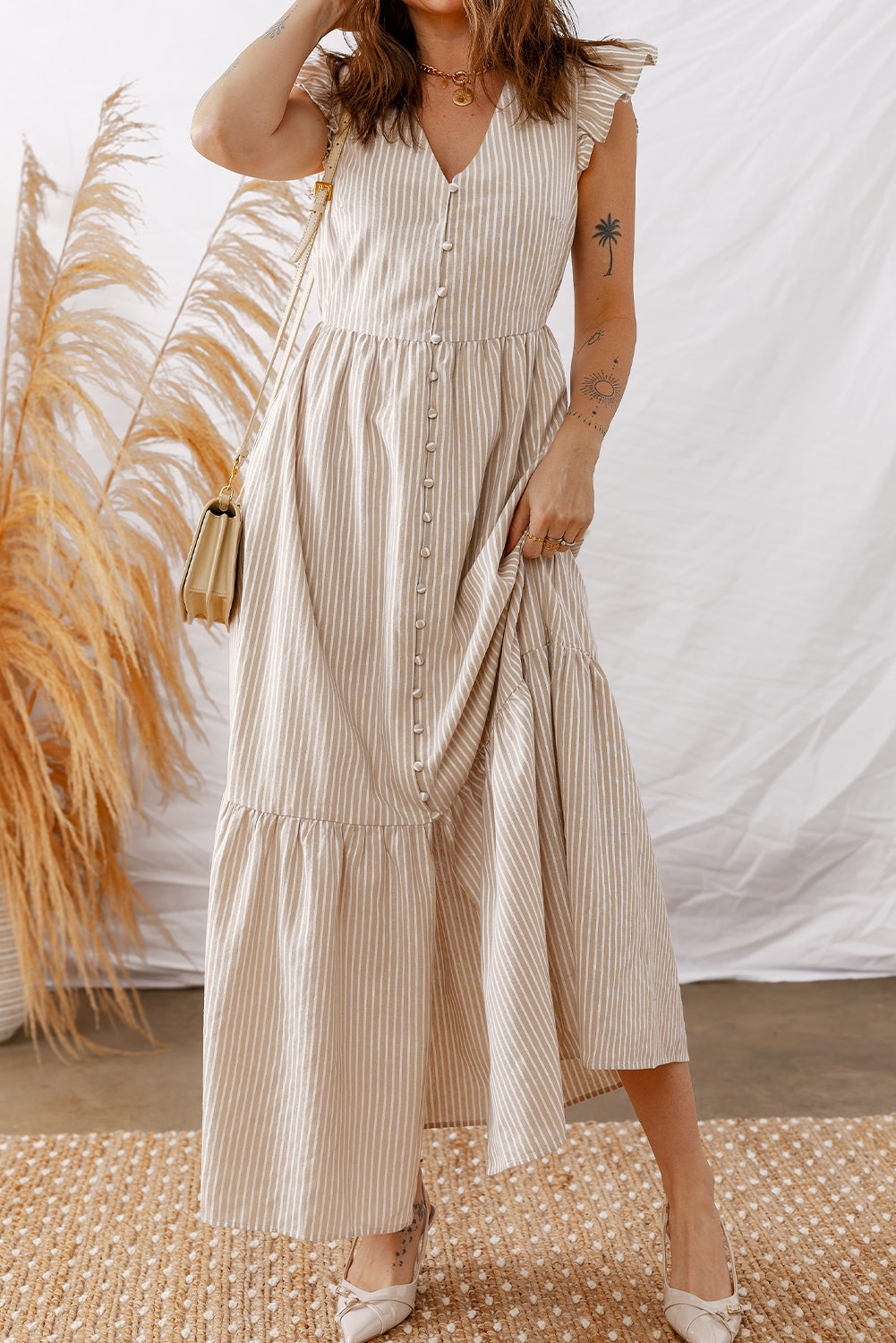 Stripe Flutter Sleeve Buttoned V-Neck Maxi Dress