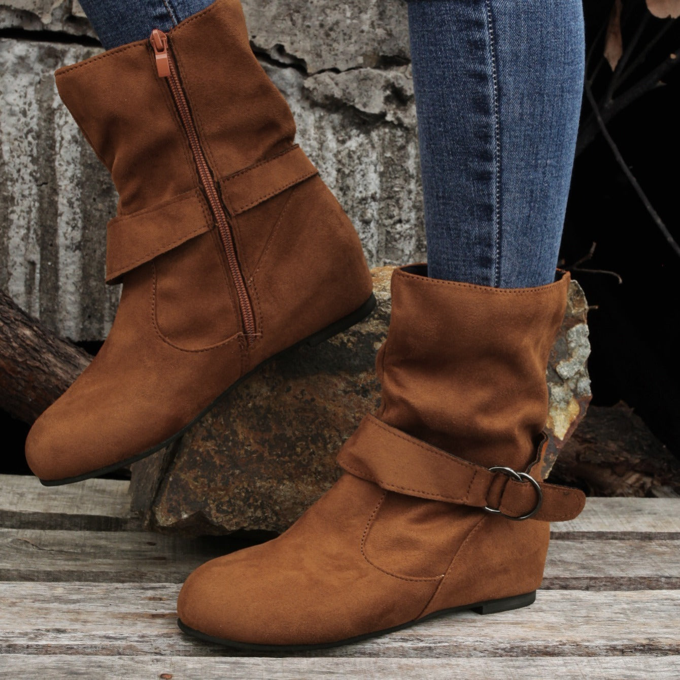 Ankle Boots Round Toe Buckle Belt Side Zipper Boots