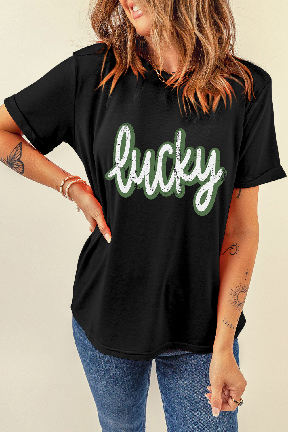 Black St Patrick's Day lucky Cracked Letter Graphic T Shirt