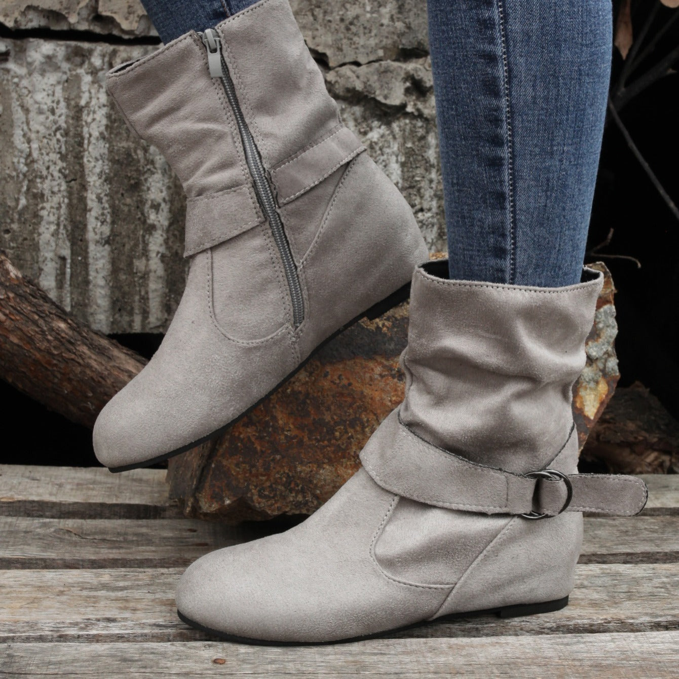 Ankle Boots Round Toe Buckle Belt Side Zipper Boots