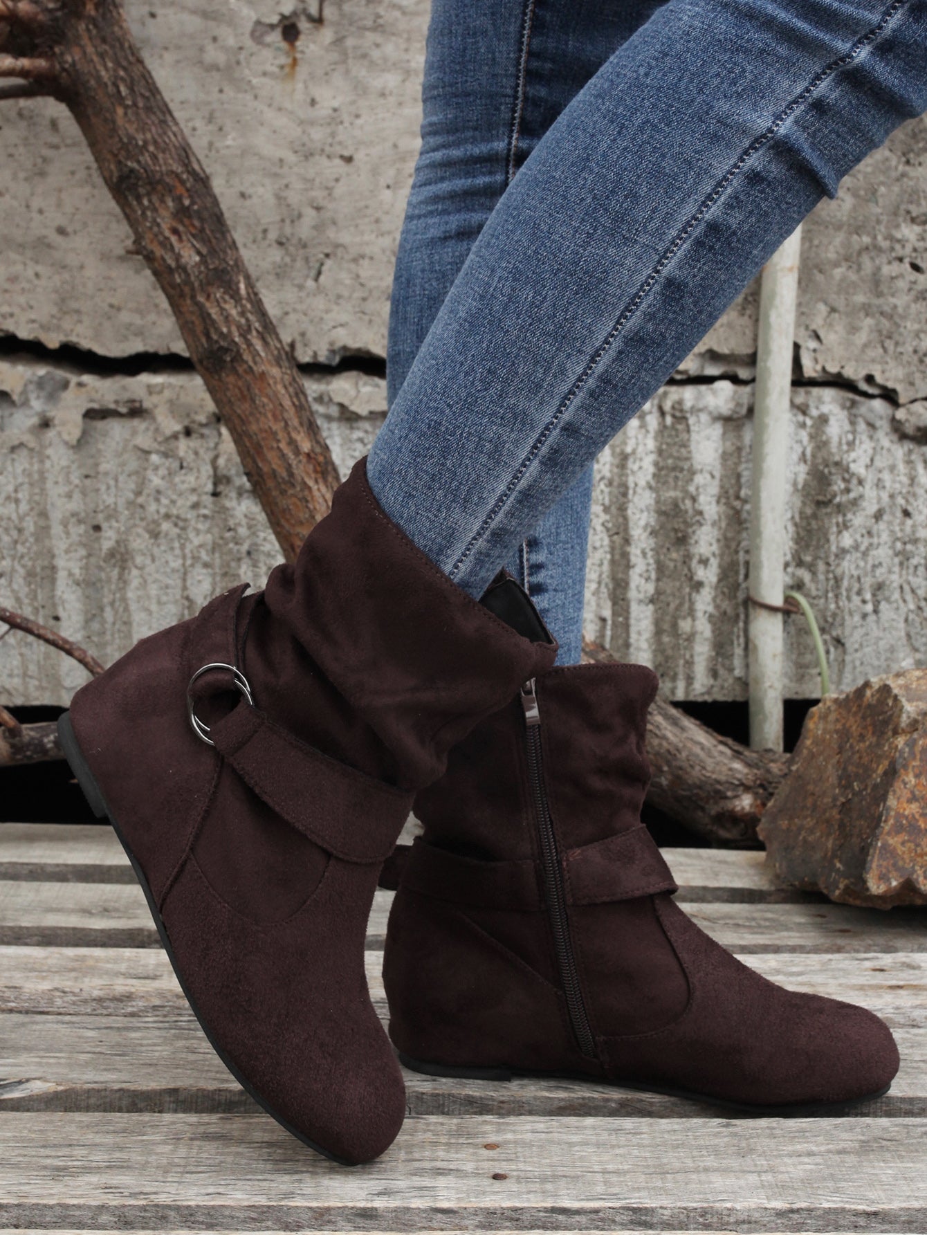 Ankle Boots Round Toe Buckle Belt Side Zipper Boots