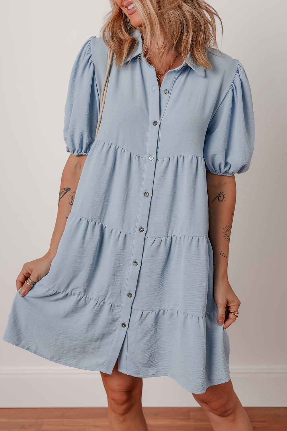 Solid Button-Up Collared Tiered Dress