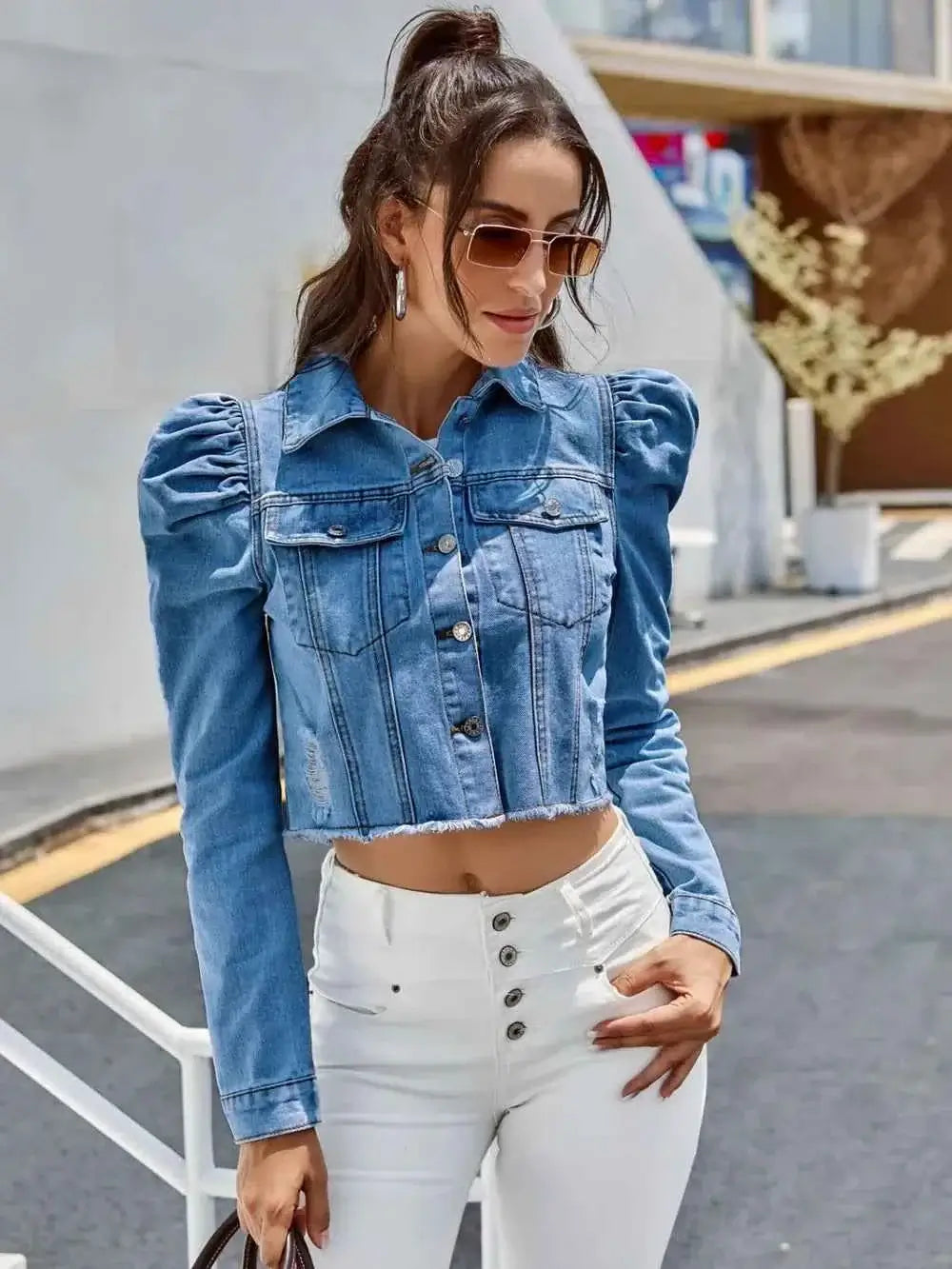 Button Down Raw Hem Cropped Denim Jacket