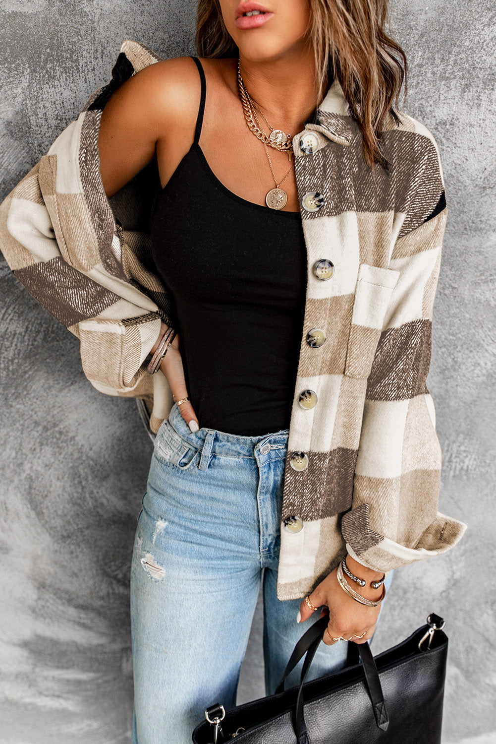 Plaid Button-Up Long Sleeve Pocketed Shacket
