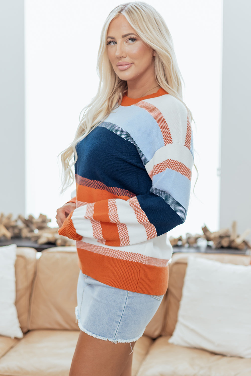 Colorblock Round Neck Long Sleeve Sweater