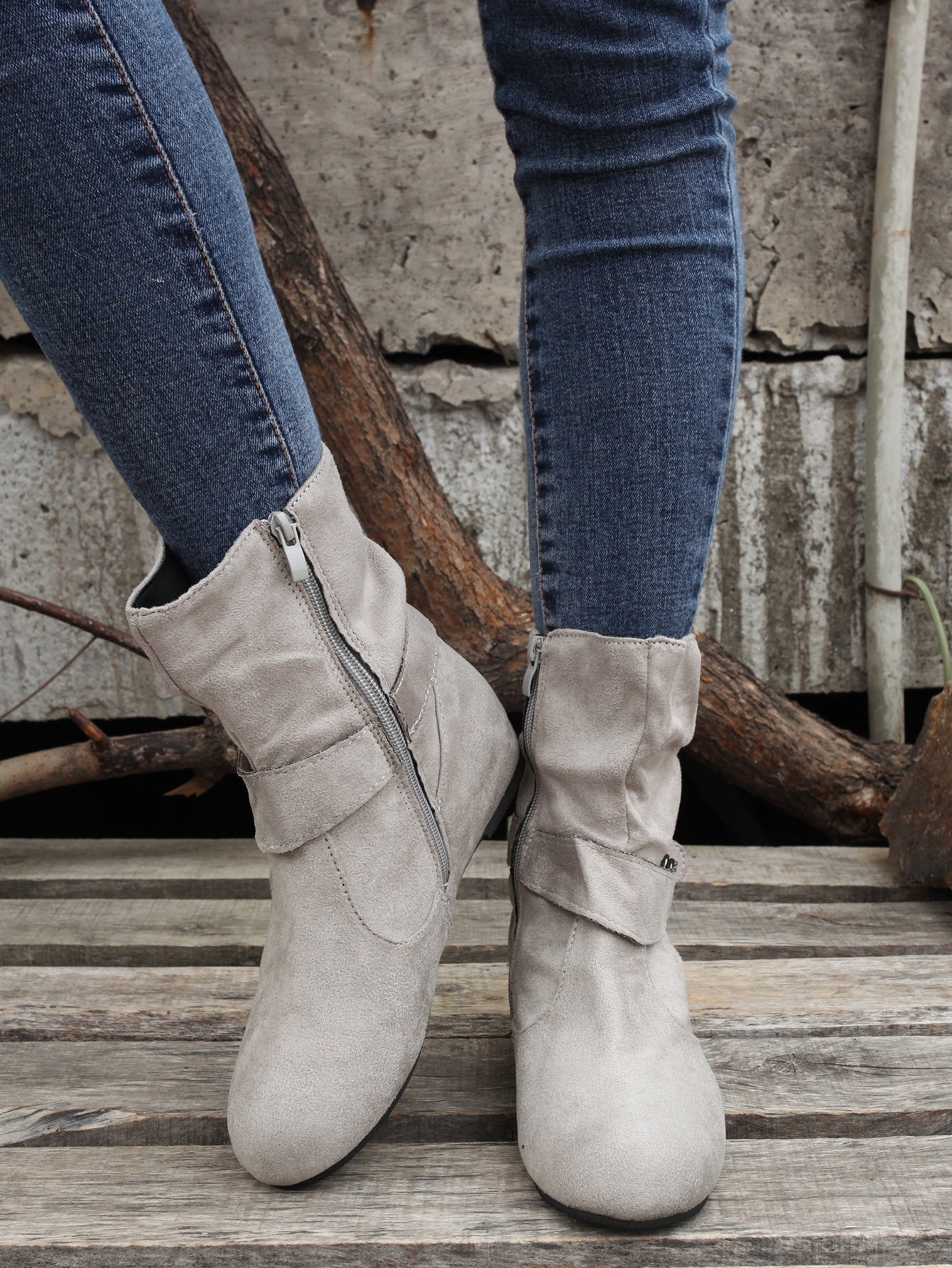 Ankle Boots Round Toe Buckle Belt Side Zipper Boots