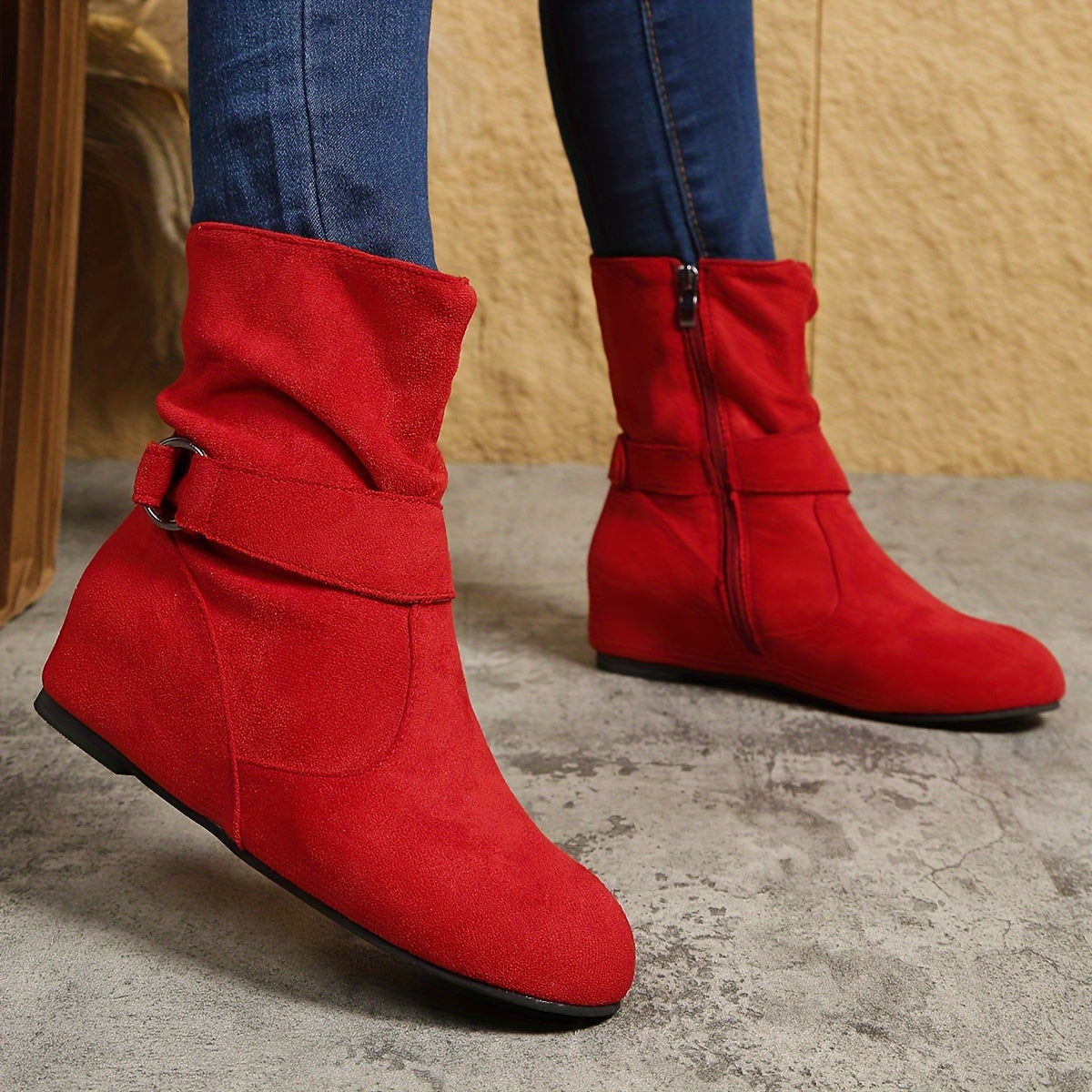 Ankle Boots Round Toe Buckle Belt Side Zipper Boots