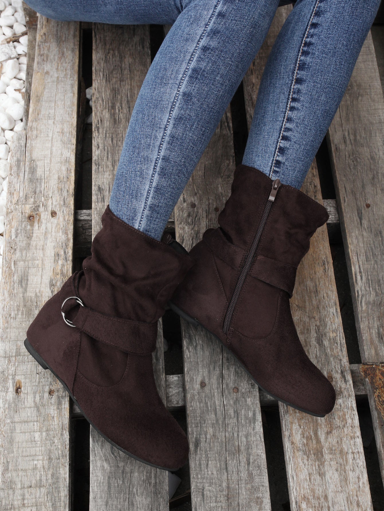 Ankle Boots Round Toe Buckle Belt Side Zipper Boots